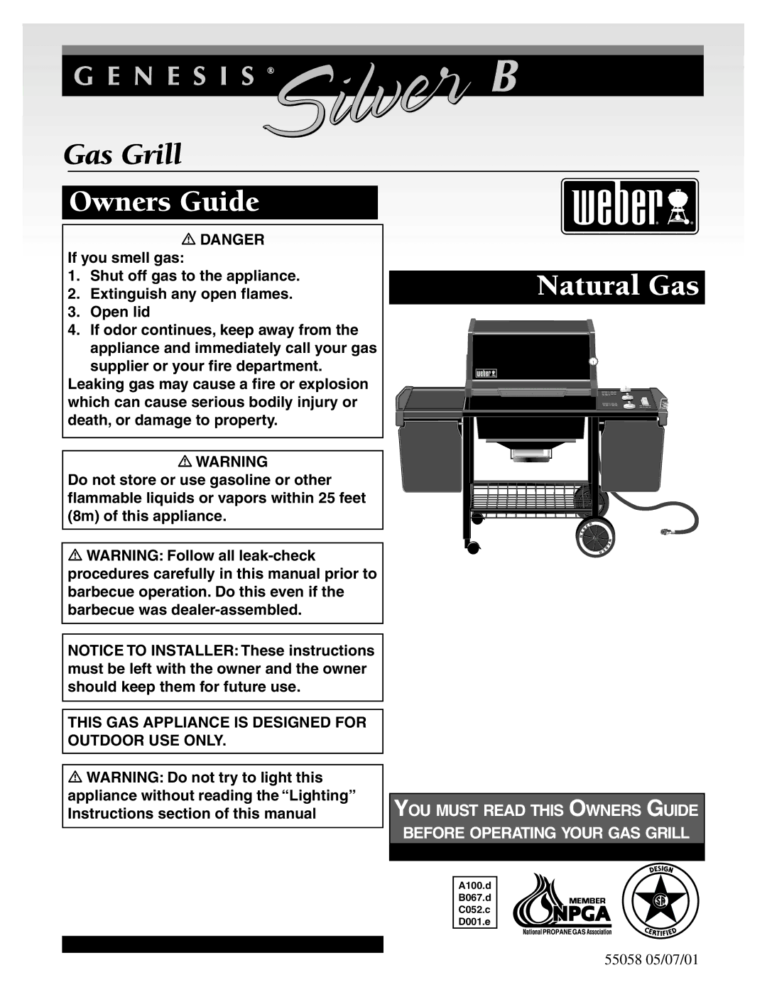 Weber B067.d, D001.e, C052.C, A100.d, Weber Genesis Silver B Gas Grill manual Owners Guide 