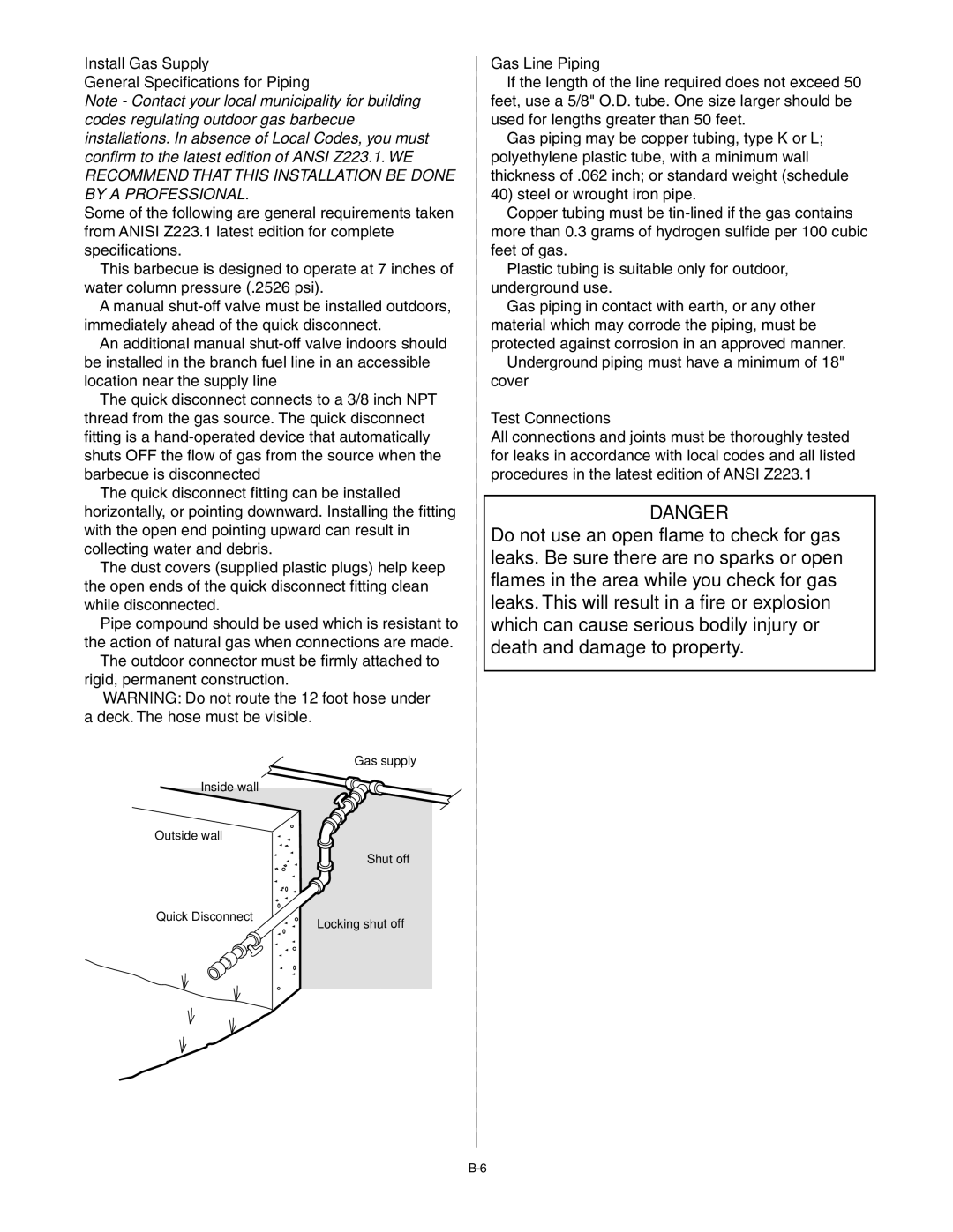 Weber B067.d, D001.e, C052.C, A100.d Install Gas Supply General Specifications for Piping, Gas Line Piping, Test Connections 