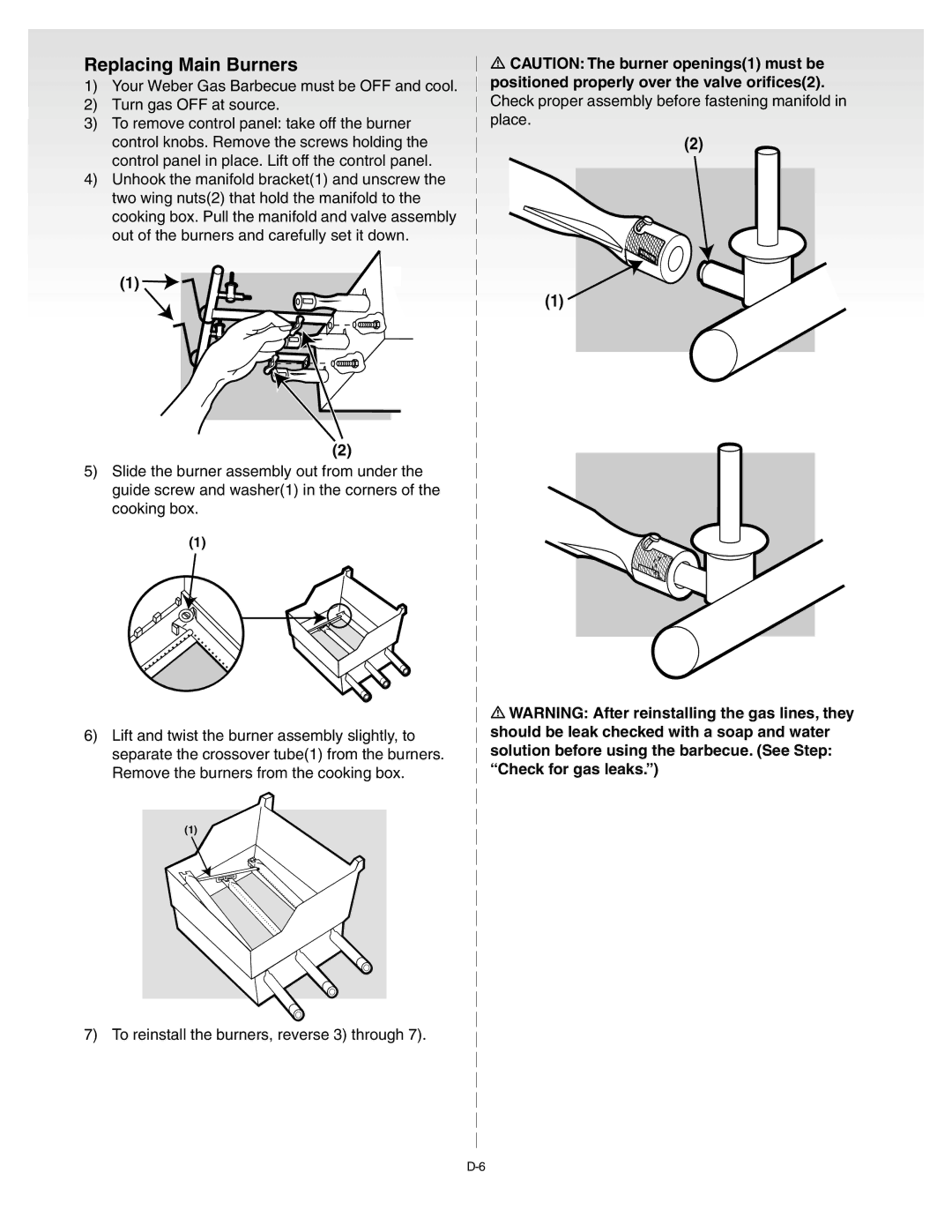 Weber B067.d, D001.e, C052.C, A100.d, Weber Genesis Silver B Gas Grill manual Replacing Main Burners 