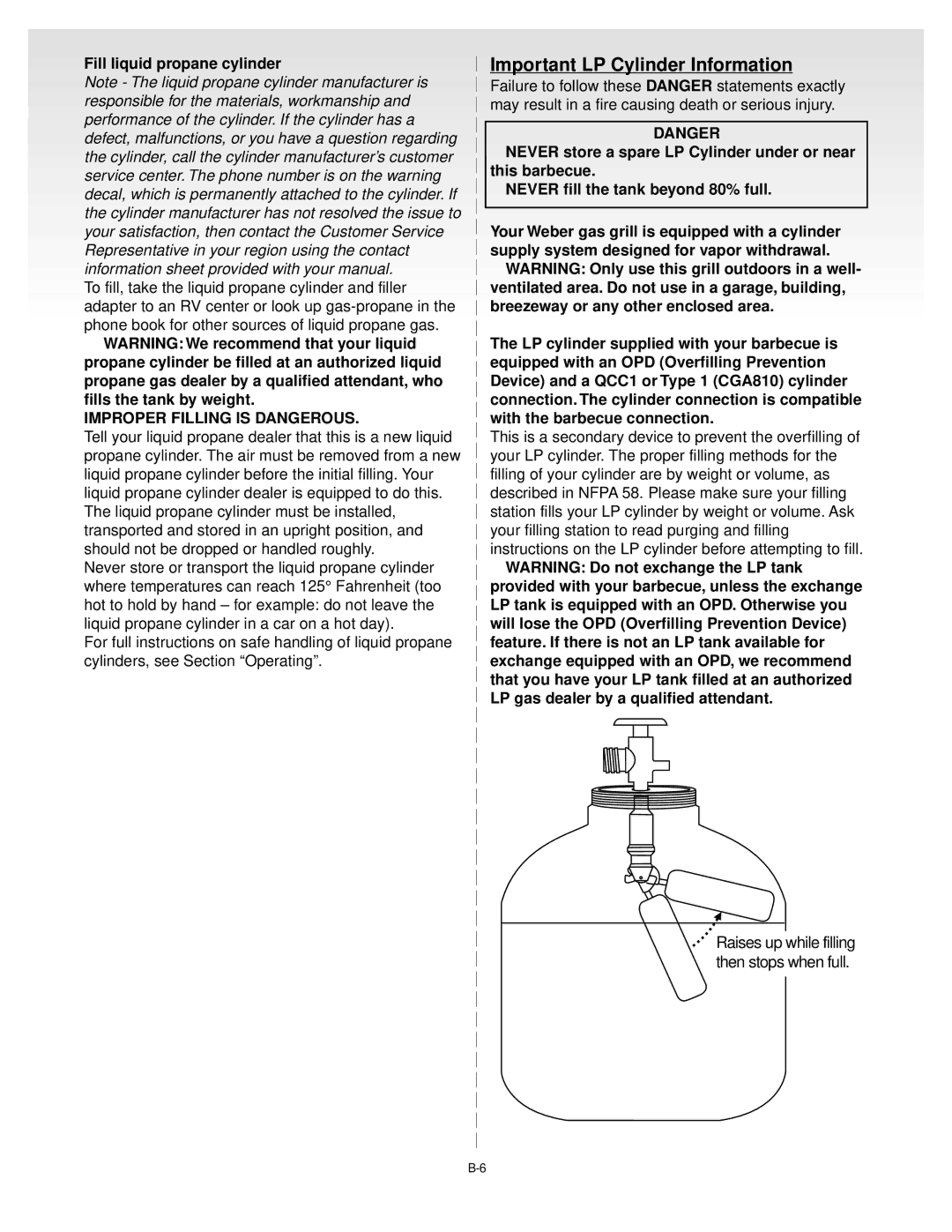 Weber Weber Liquid Propane Gas, 55057 04/10/00 manual Important LP Cylinder Information, Fill liquid propane cylinder 