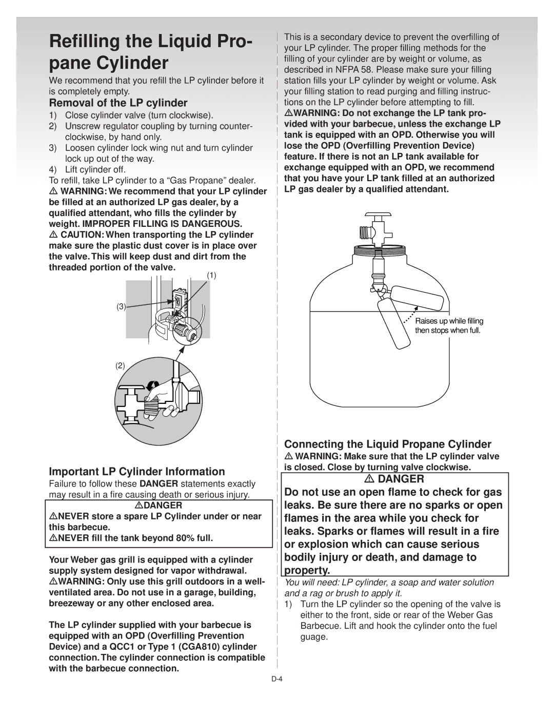 Weber 55057 04/10/00, Weber Liquid Propane Gas manual Refilling the Liquid Pro, Pane Cylinder 