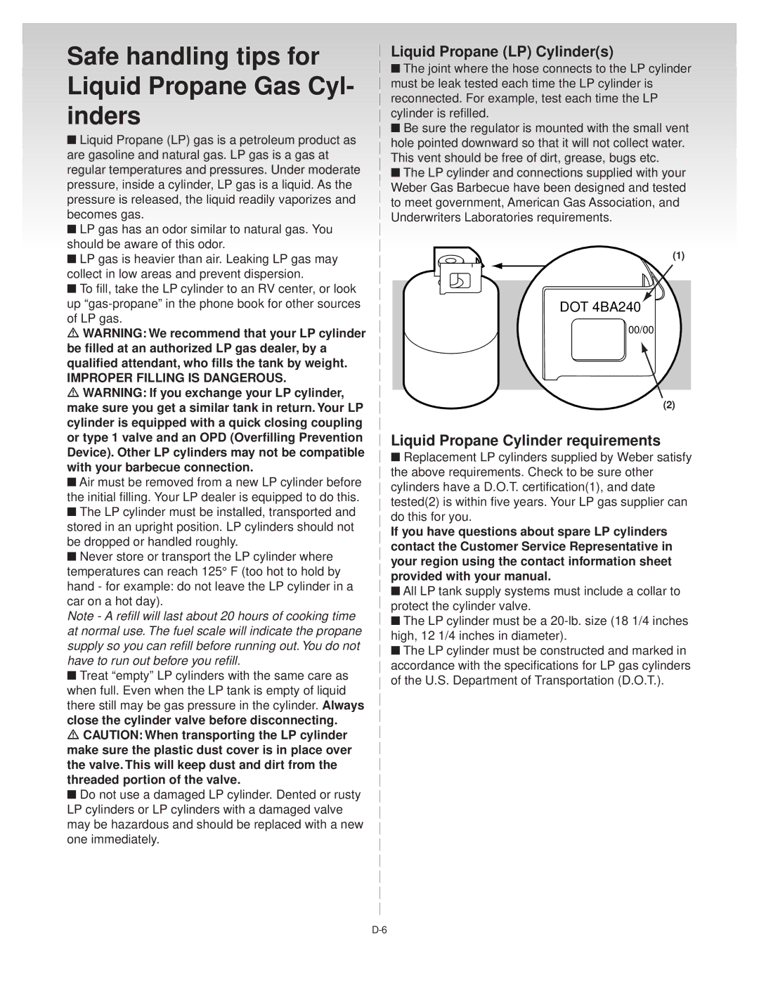 Weber 55057 04/10/00 manual Safe handling tips for, Liquid Propane Gas Cyl, Inders, Liquid Propane LP Cylinders 