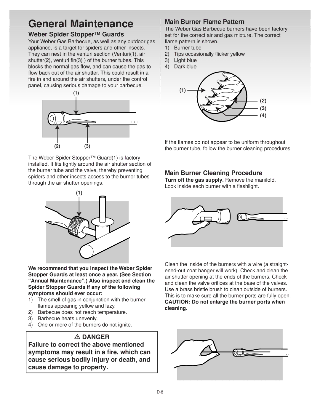 Weber 55057 04/10/00, Weber Liquid Propane Gas General Maintenance, Main Burner Flame Pattern, Weber Spider Stopper Guards 