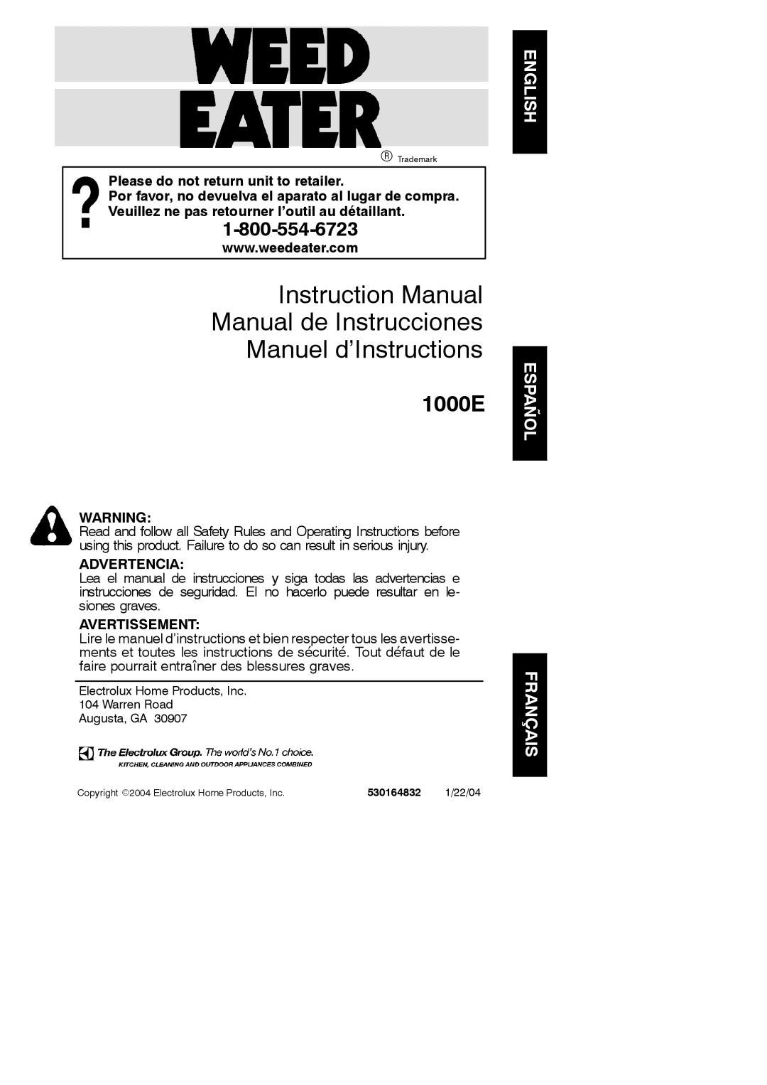 Weed Eater 1000E instruction manual Manual de Instrucciones Manuel d’Instructions, 22/04 