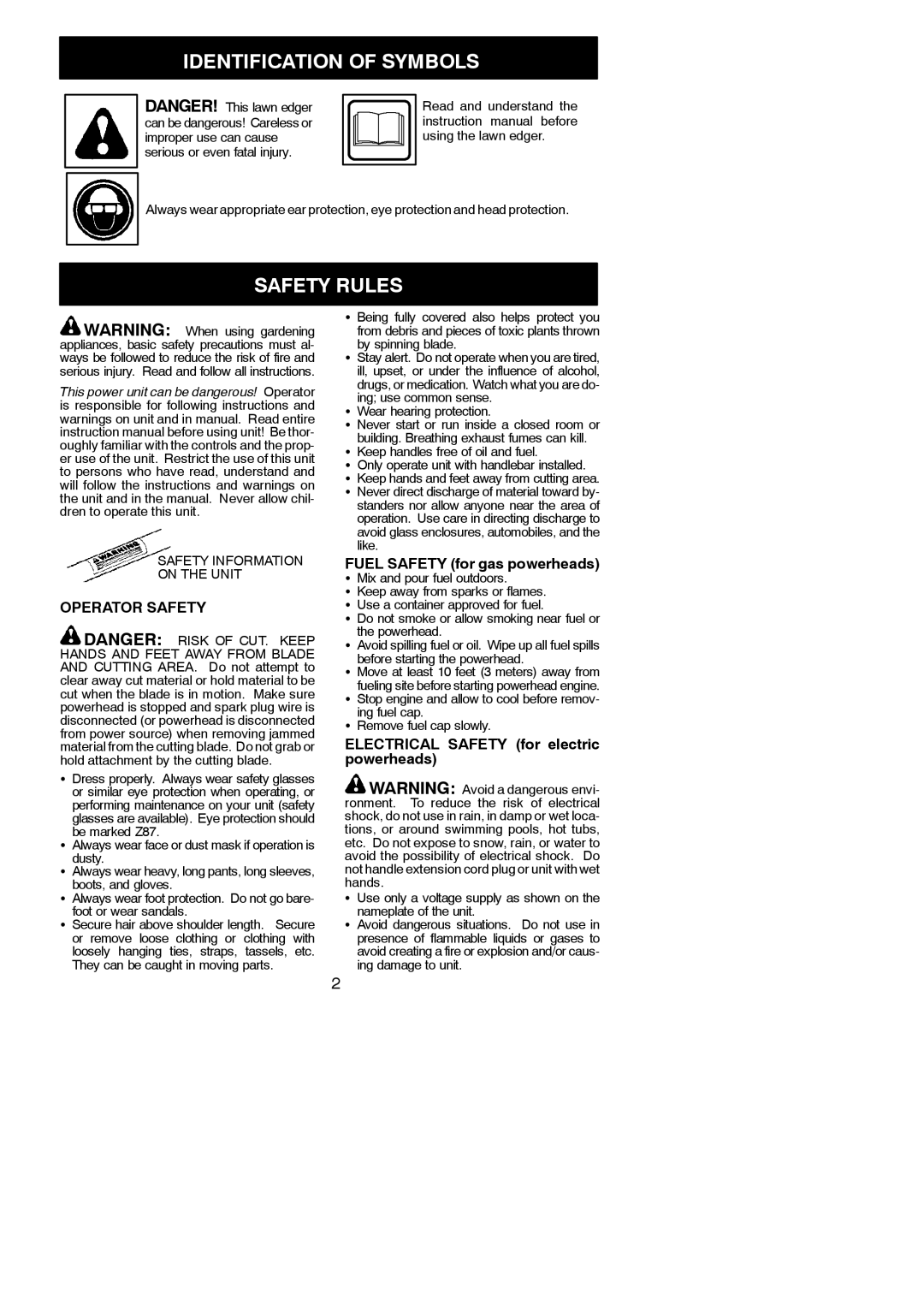 Weed Eater 1000E instruction manual Identification of Symbols, Safety Rules, Operator Safety 