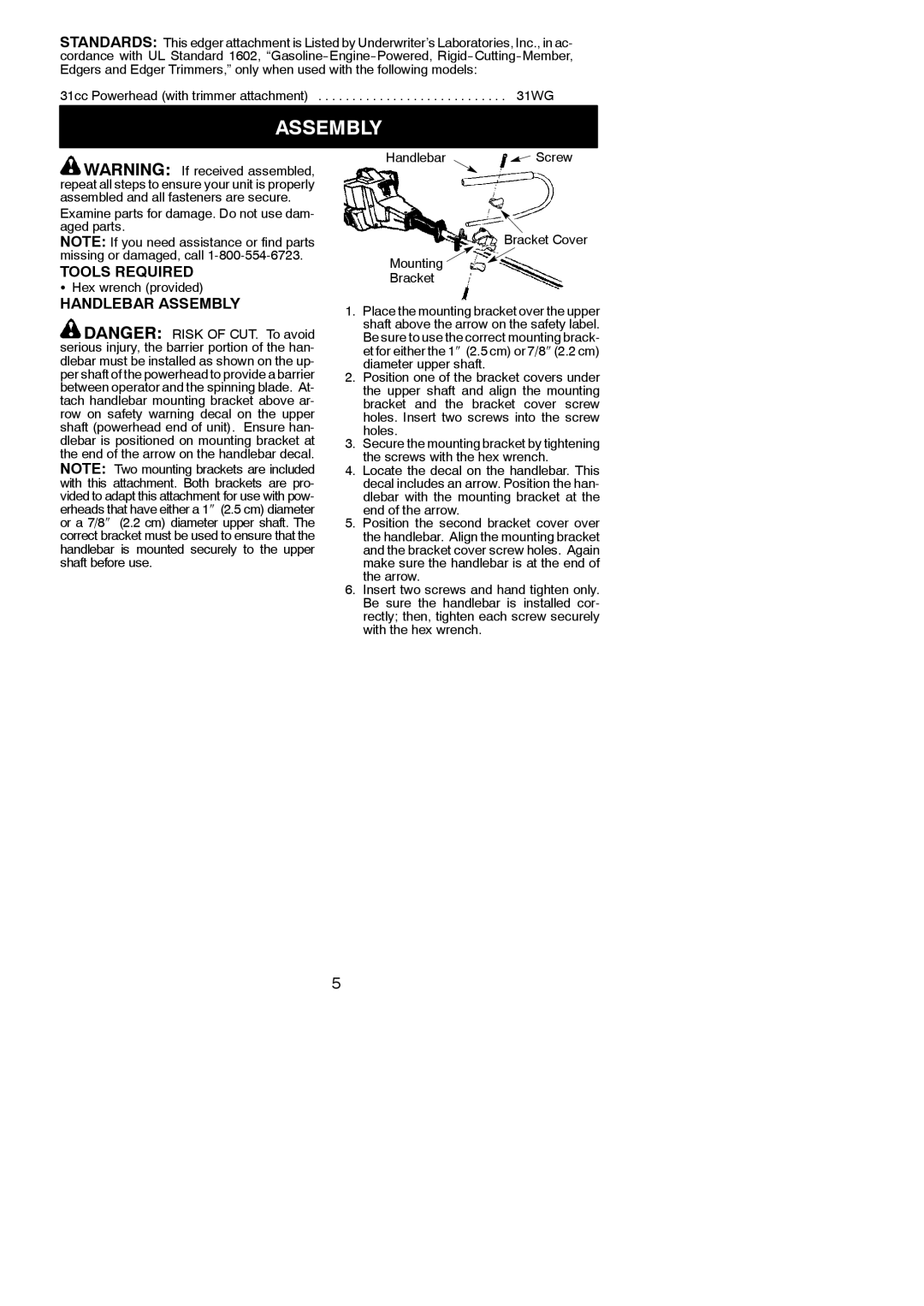 Weed Eater 1000E instruction manual Tools Required, Handlebar Assembly 