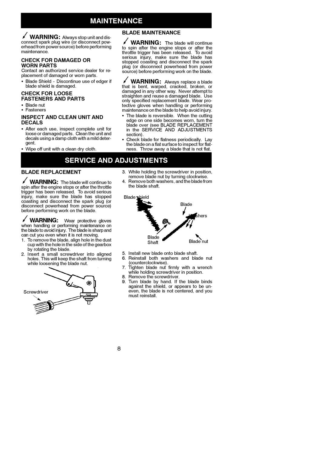 Weed Eater 1000E instruction manual Maintenance, Service and Adjustments 