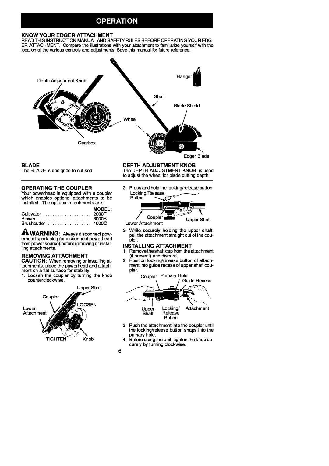 Weed Eater 1000E Operation, Know Your Edger Attachment, Blade, Depth Adjustment Knob, Operating The Coupler, Model 
