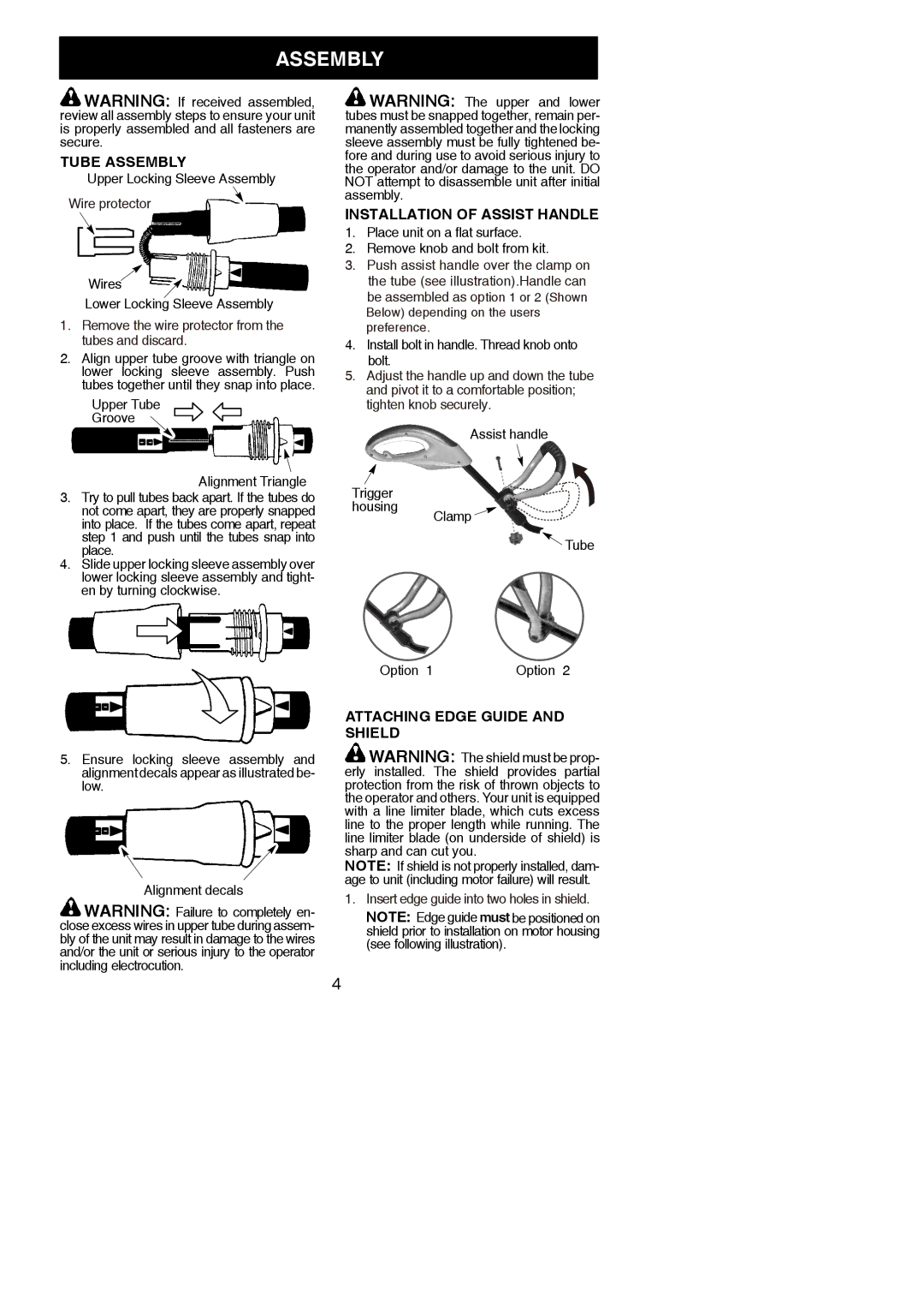 Weed Eater 115254226 instruction manual Tube Assembly, Installation of Assist Handle, Attaching Edge Guide and Shield 