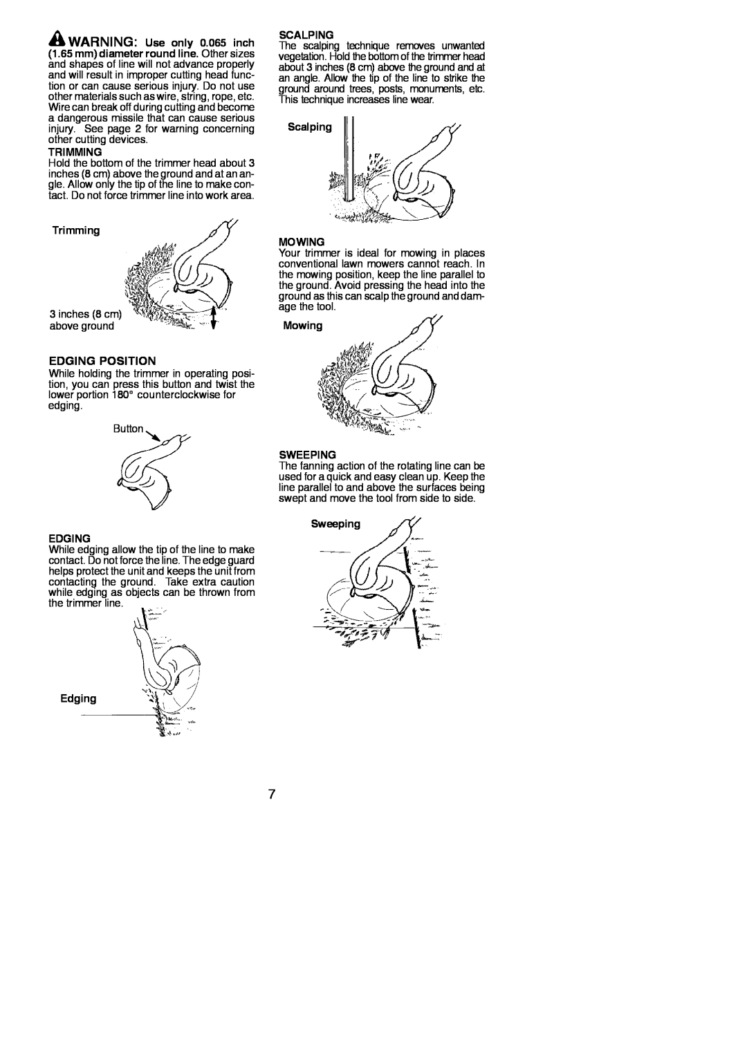 Weed Eater 115254226 instruction manual Edging Position, Trimming, Scalping MOWING, Mowing SWEEPING, Sweeping EDGING 