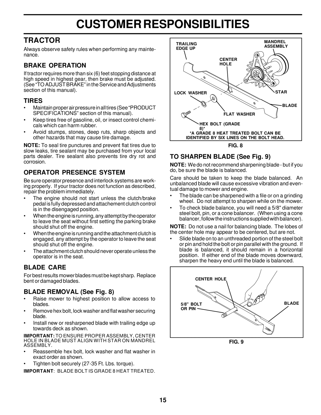 Weed Eater 171883 manual Tractor, Brake Operation, Tires, Operator Presence System, Blade Care 