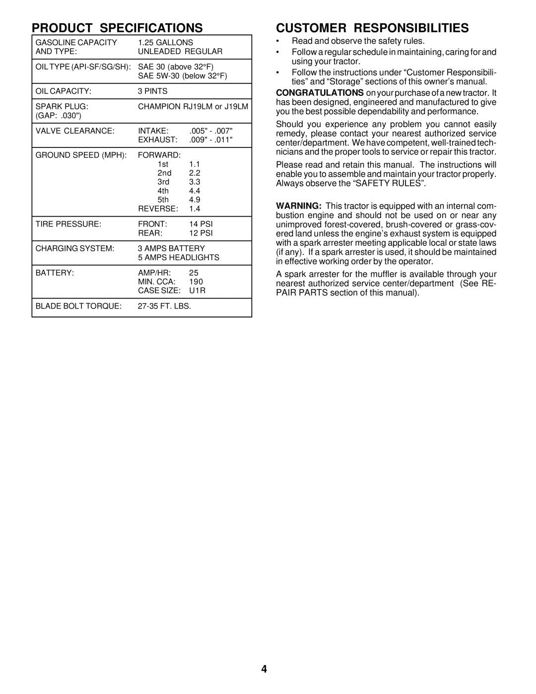 Weed Eater 171883 manual Product Specifications, Customer Responsibilities 