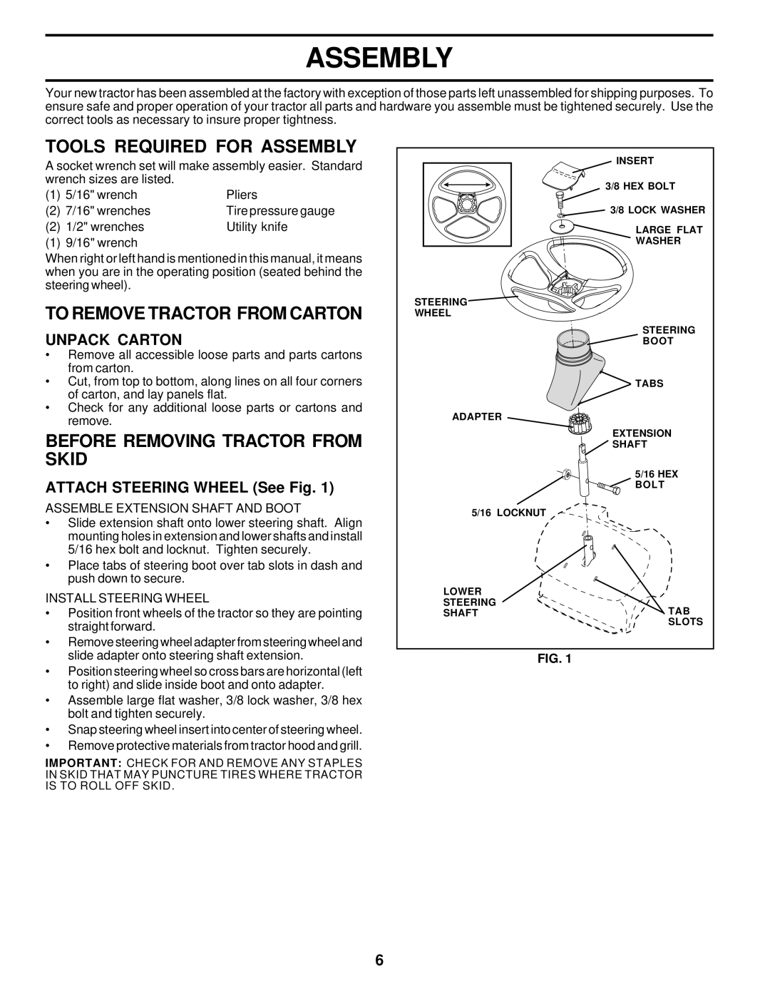 Weed Eater 171883 manual Tools Required for Assembly, To Remove Tractor from Carton, Before Removing Tractor from Skid 