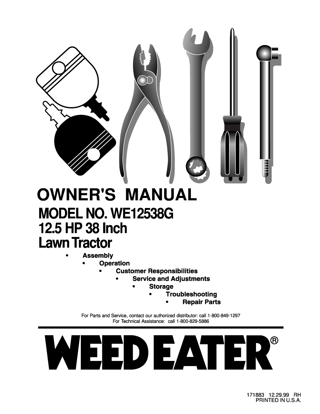 Weed Eater 171883 manual Owners Manual, MODEL NO. WE12538G 12.5 HP 38 Inch Lawn Tractor 