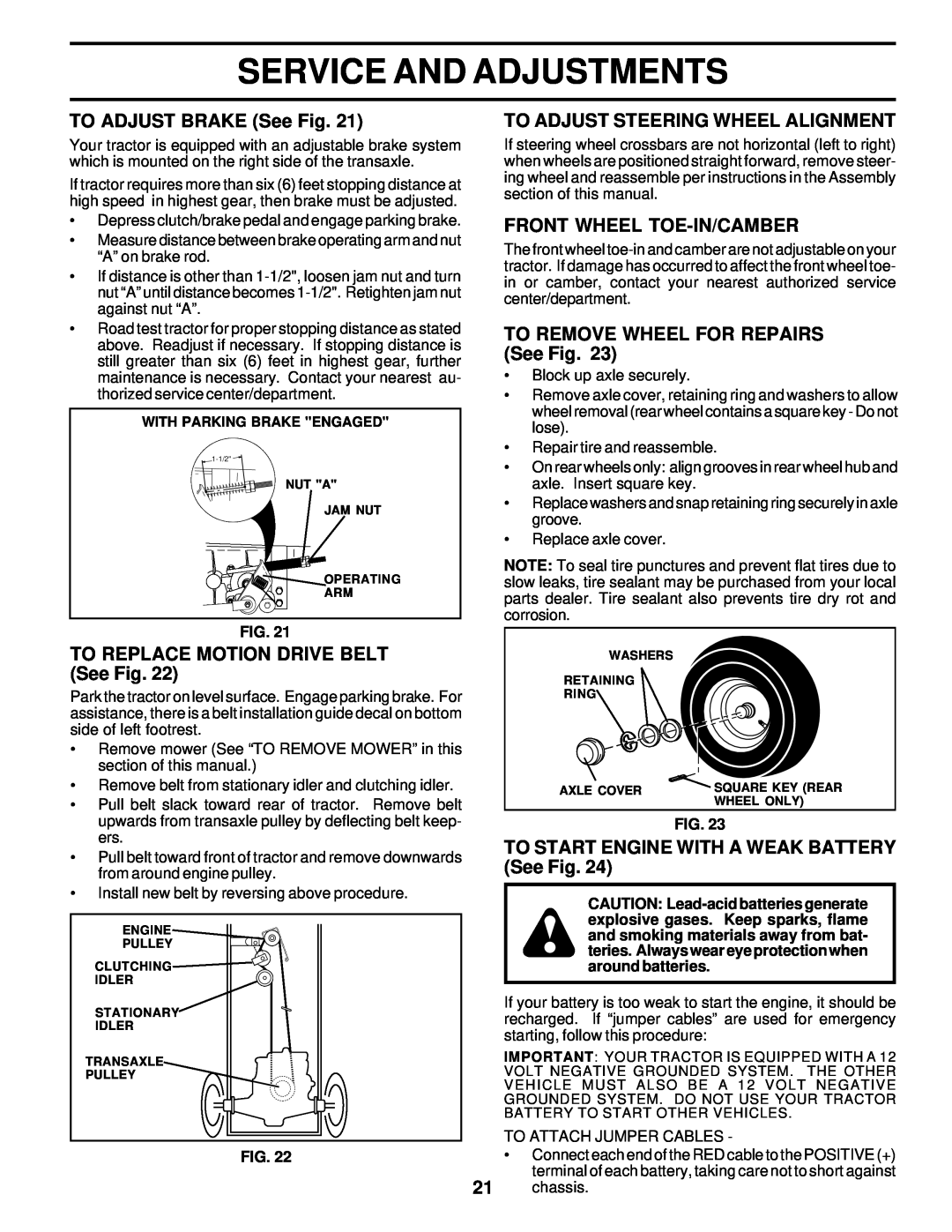 Weed Eater 171883 manual TO ADJUST BRAKE See Fig, TO REPLACE MOTION DRIVE BELT See Fig, To Adjust Steering Wheel Alignment 