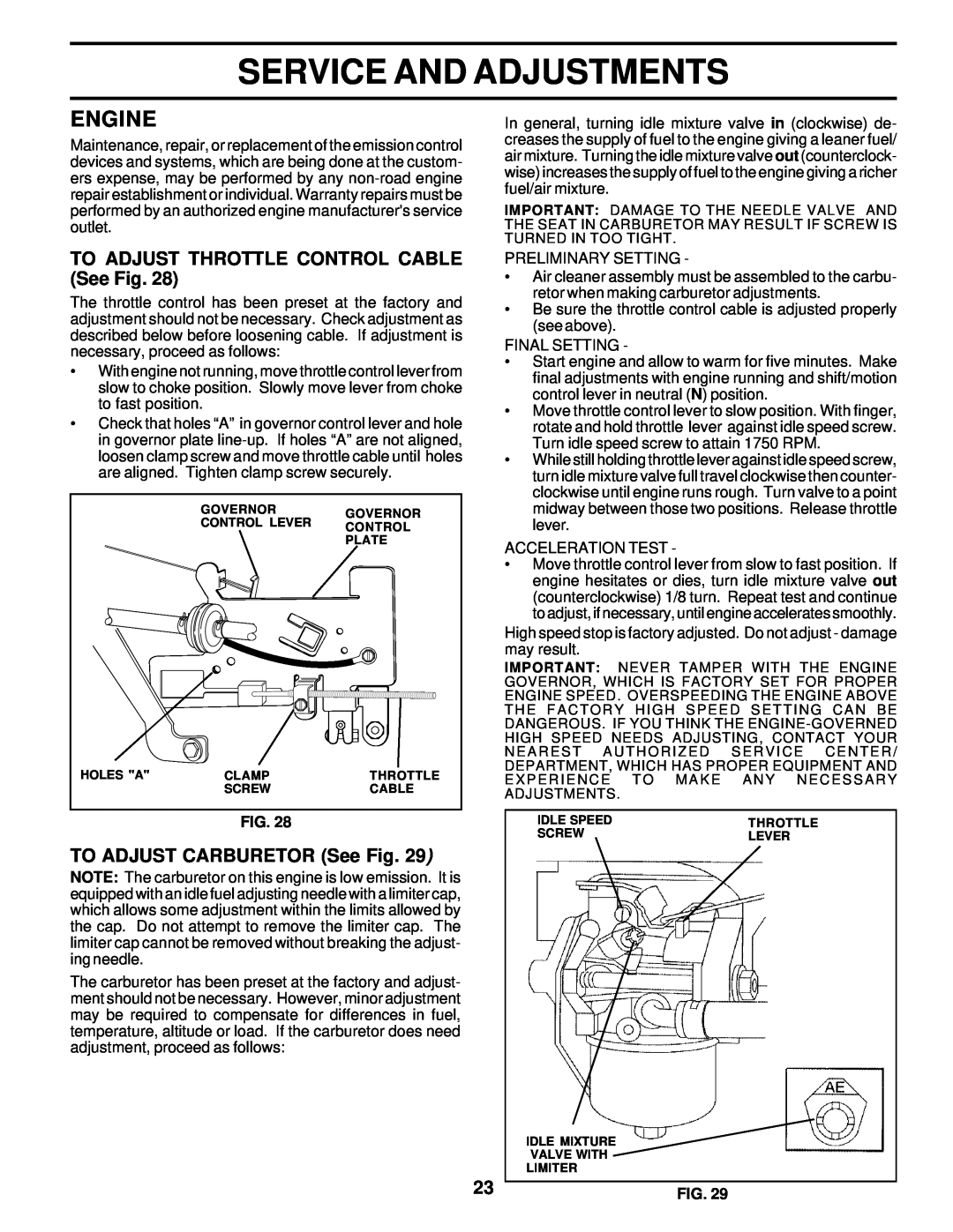 Weed Eater 171883 TO ADJUST THROTTLE CONTROL CABLE See Fig, TO ADJUST CARBURETOR See Fig, Service And Adjustments, Engine 