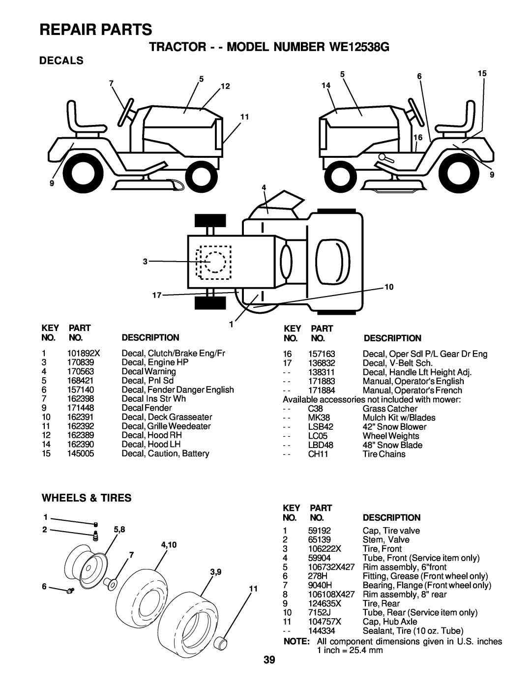 Weed Eater 171883 manual Decals, Wheels & Tires, Repair Parts, TRACTOR - - MODEL NUMBER WE12538G, Description 