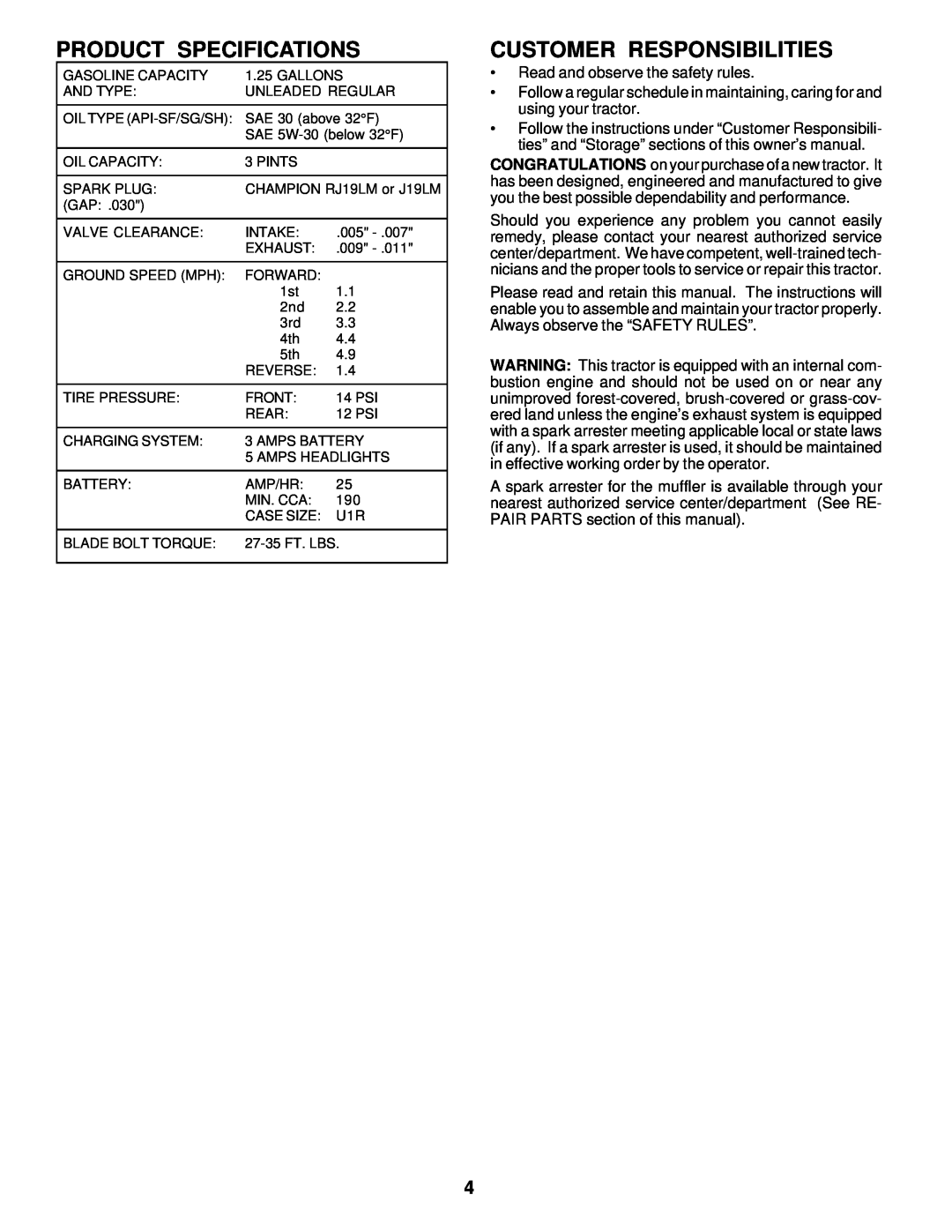 Weed Eater 171883 manual Product Specifications, Customer Responsibilities 