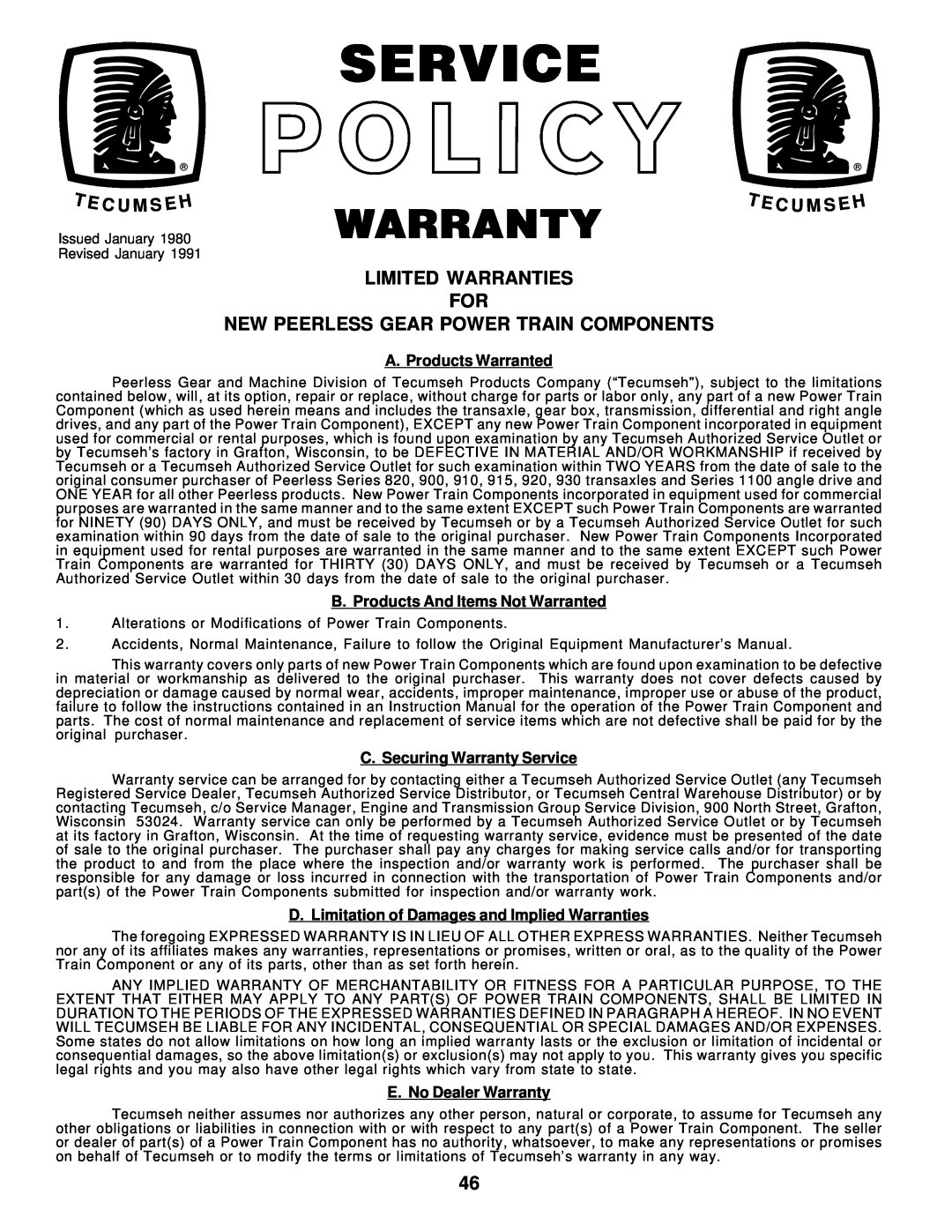 Weed Eater 171883 Limited Warranties For New Peerless Gear Power Train Components, T E C U M S Eh, A. Products Warranted 