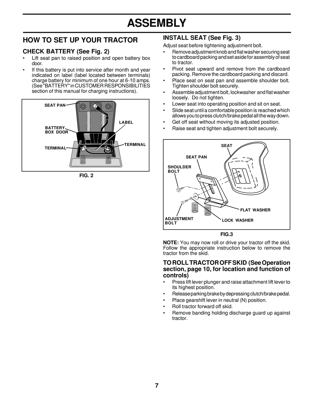 Weed Eater 171883 manual How To Set Up Your Tractor, CHECK BATTERY See Fig, INSTALL SEAT See Fig, Assembly 