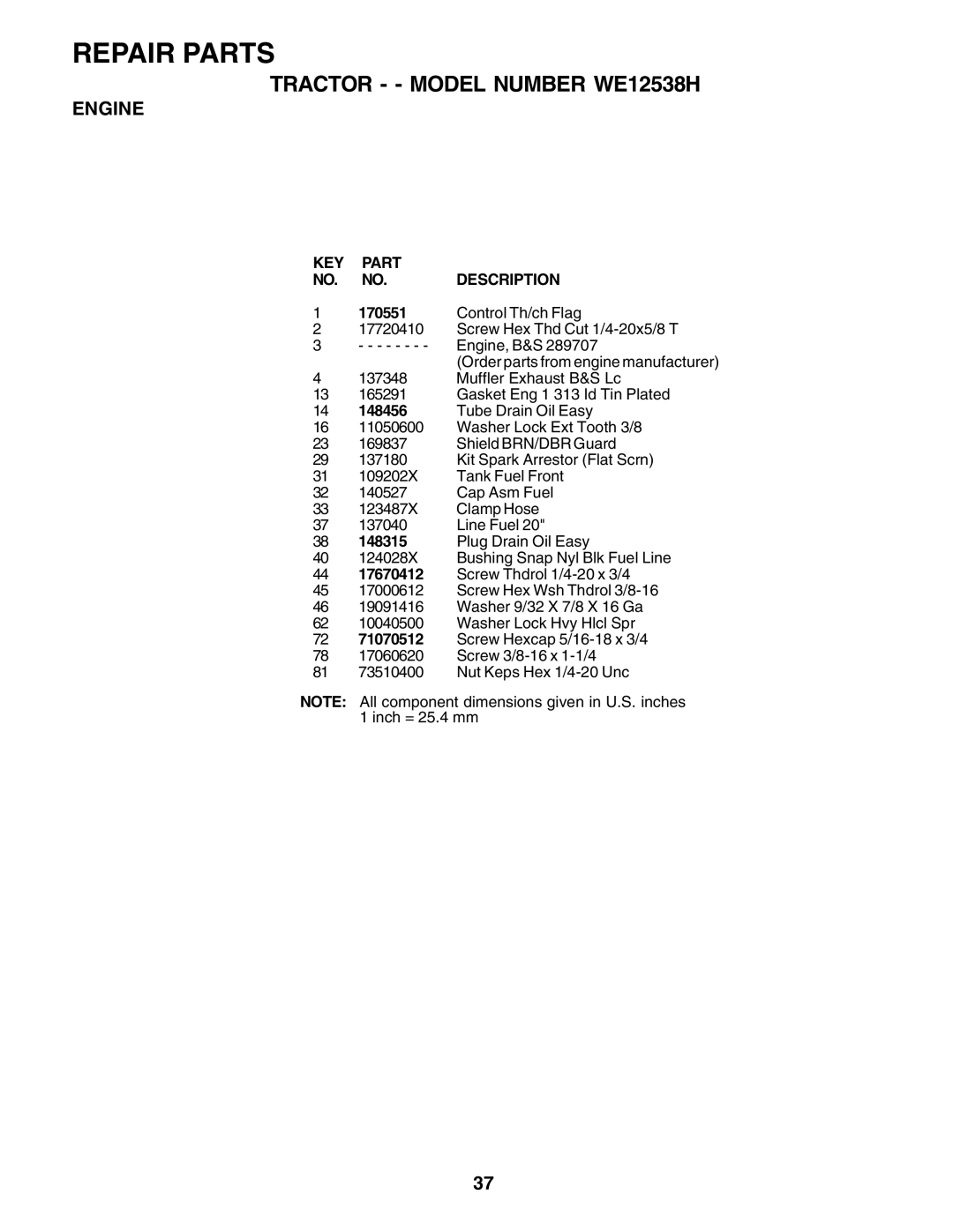 Weed Eater 176840 owner manual Control Th/ch Flag, 148315, 71070512 