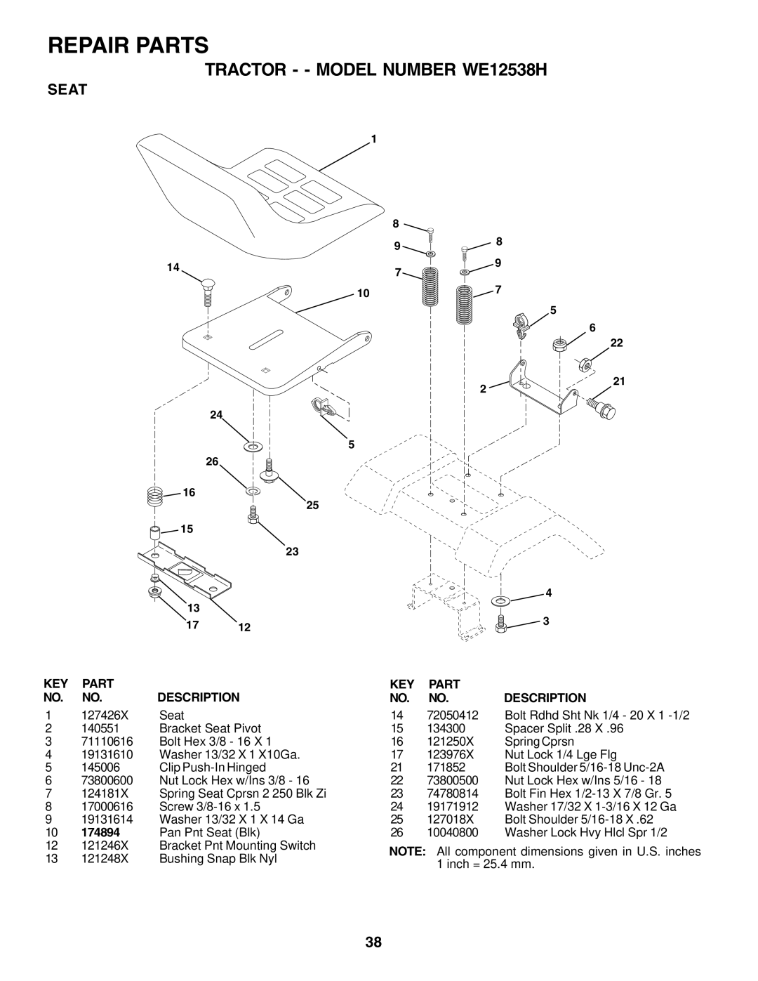 Weed Eater 176840 owner manual Seat, 174894 