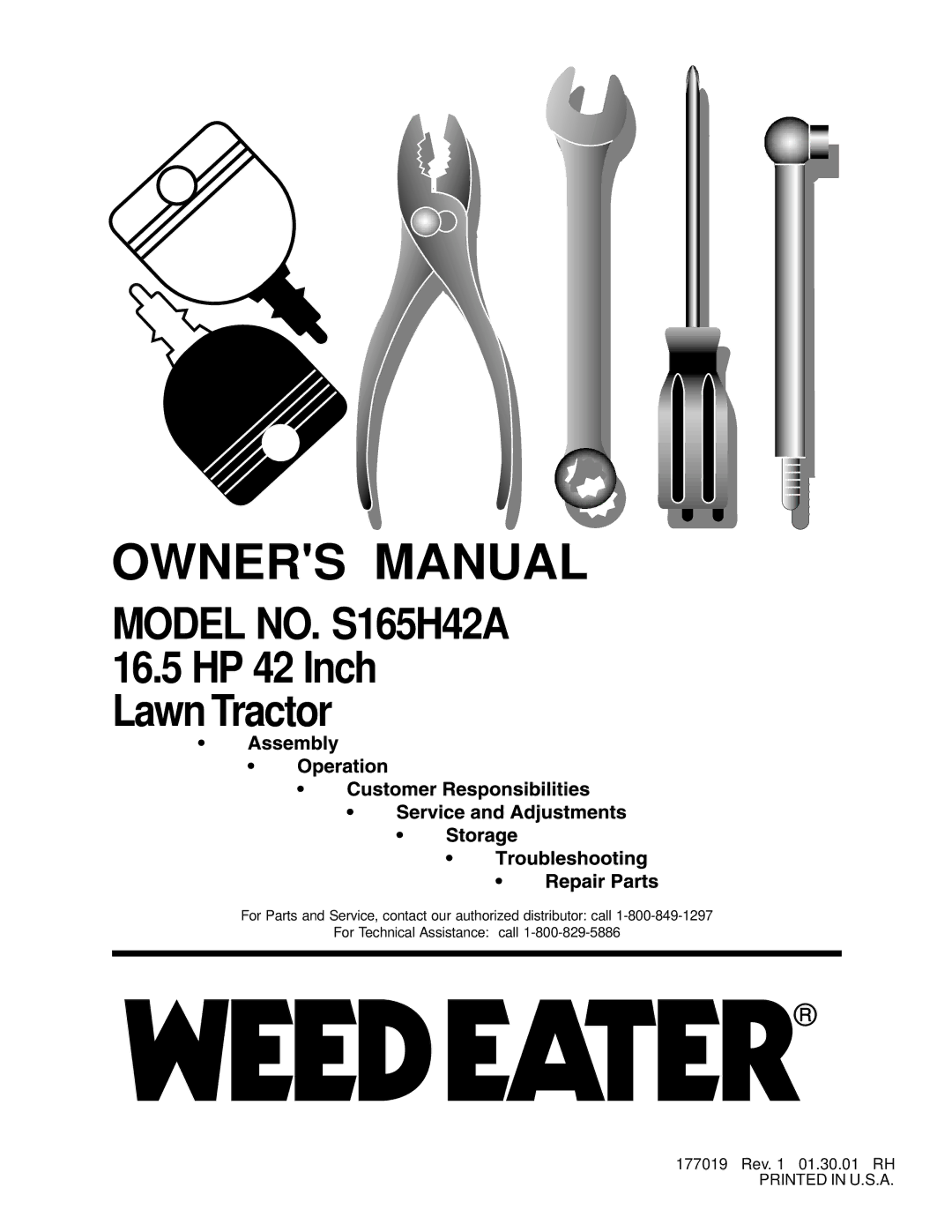 Weed Eater 177019 manual Model NO. S165H42A 