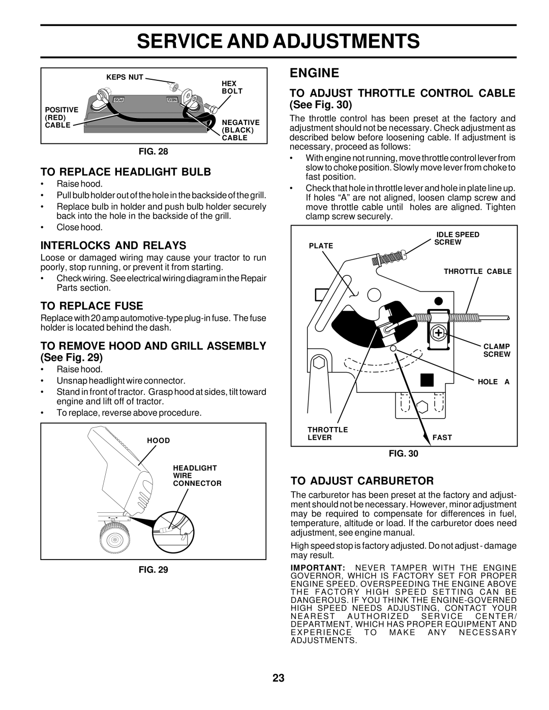 Weed Eater 177019 manual To Replace Headlight Bulb, Interlocks and Relays, To Replace Fuse, To Adjust Carburetor 