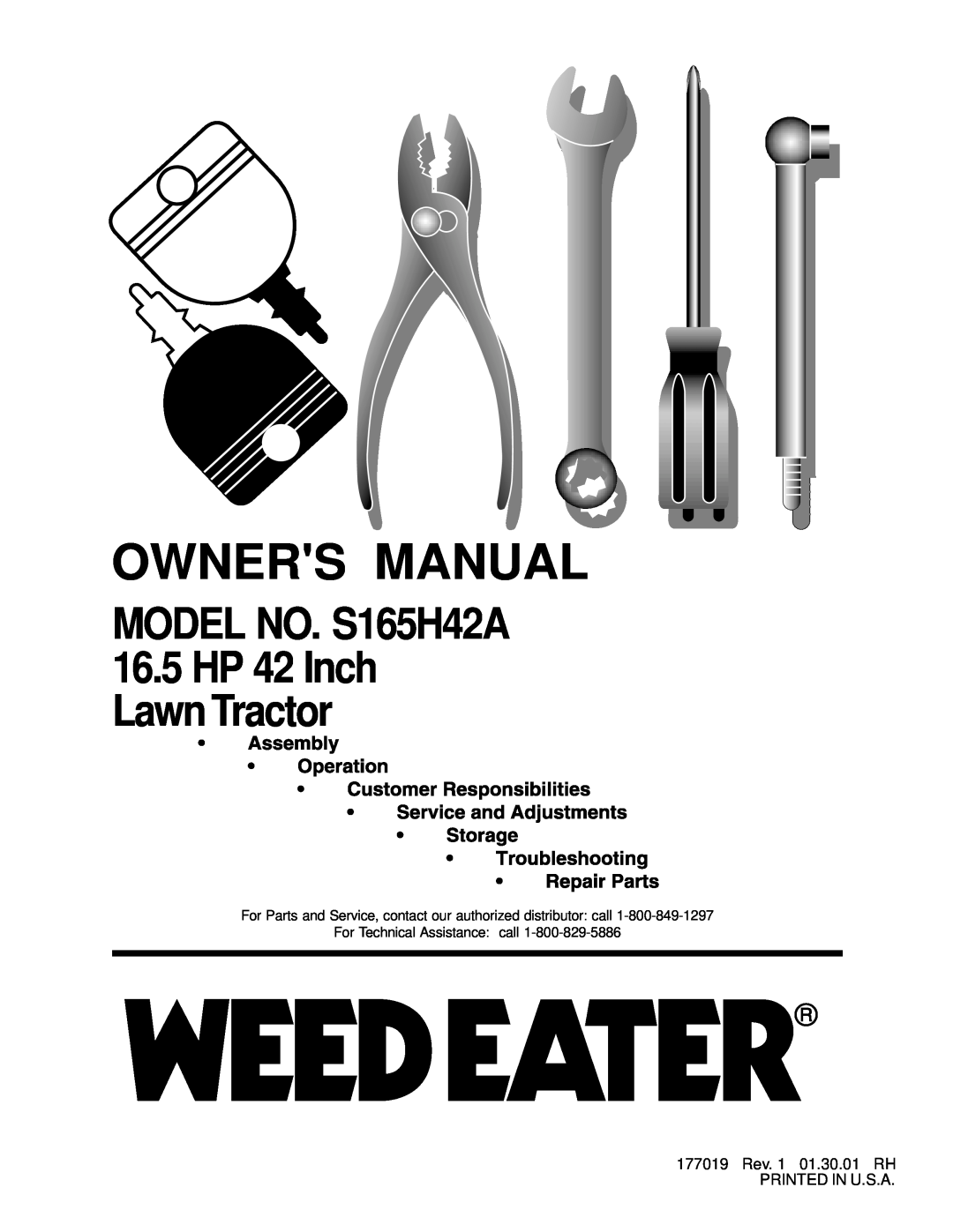 Weed Eater 177019 manual MODEL NO. S165H42A 16.5 HP 42 Inch Lawn Tractor 
