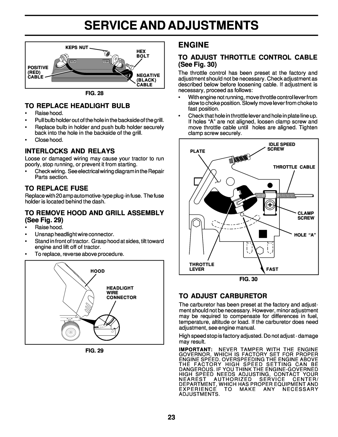 Weed Eater 177019 manual To Replace Headlight Bulb, Interlocks And Relays, To Replace Fuse, To Adjust Carburetor, Engine 