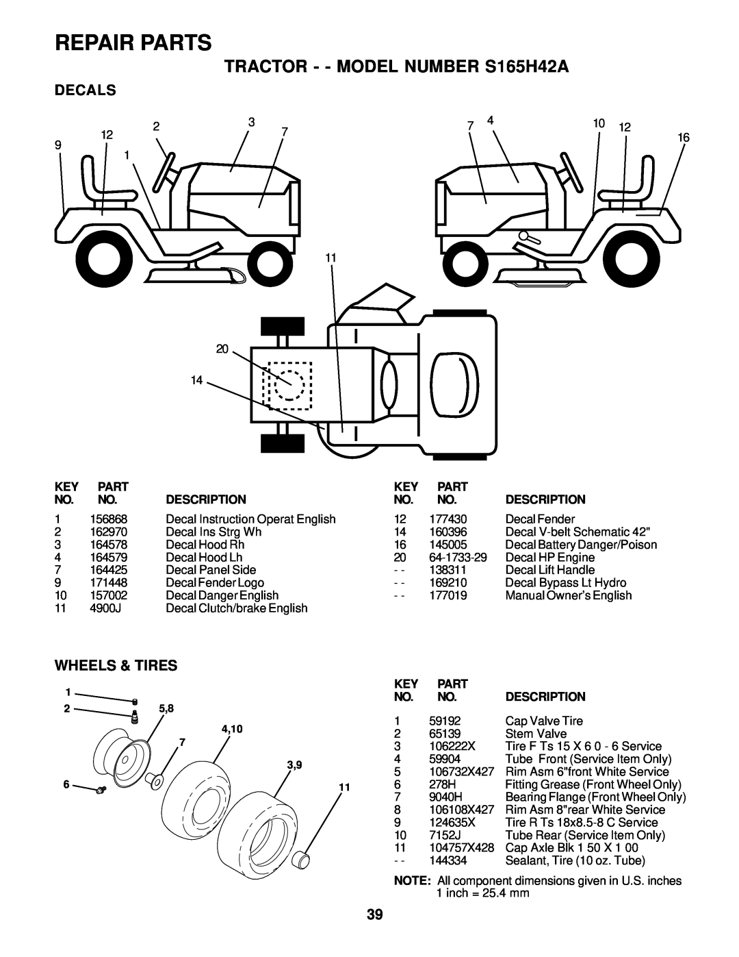 Weed Eater 177019 manual Decals, Wheels & Tires, Repair Parts, TRACTOR - - MODEL NUMBER S165H42A, 4,10 