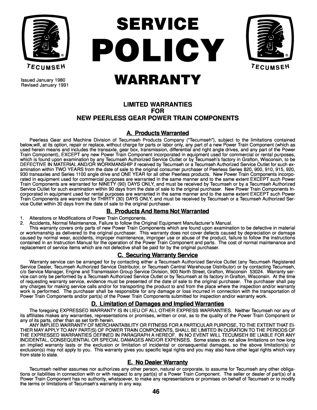 Weed Eater 177019 manual Limited Warranties, Policy, Service, Warranty 