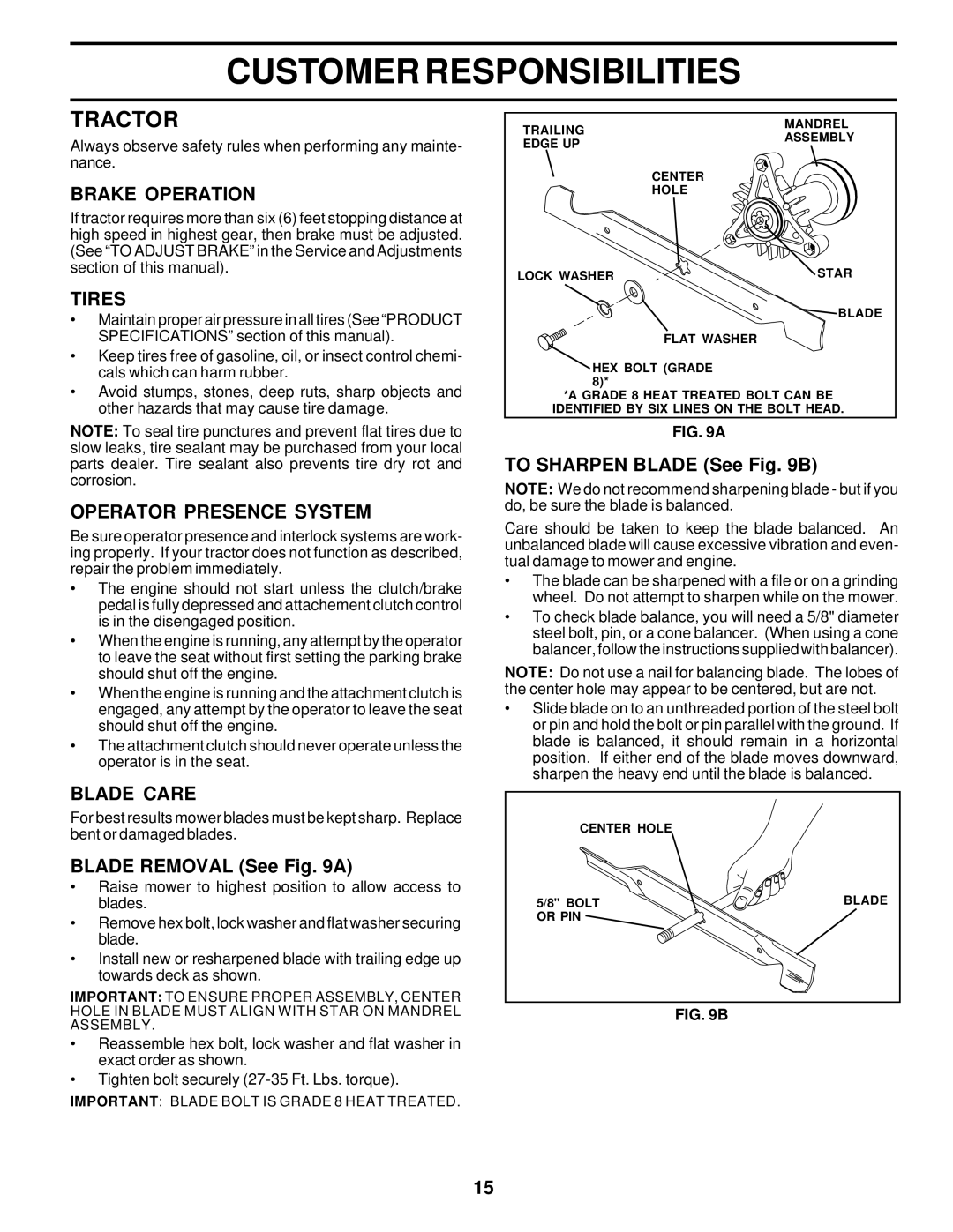 Weed Eater 177677 owner manual Tractor, Brake Operation, Tires, Operator Presence System, Blade Care 