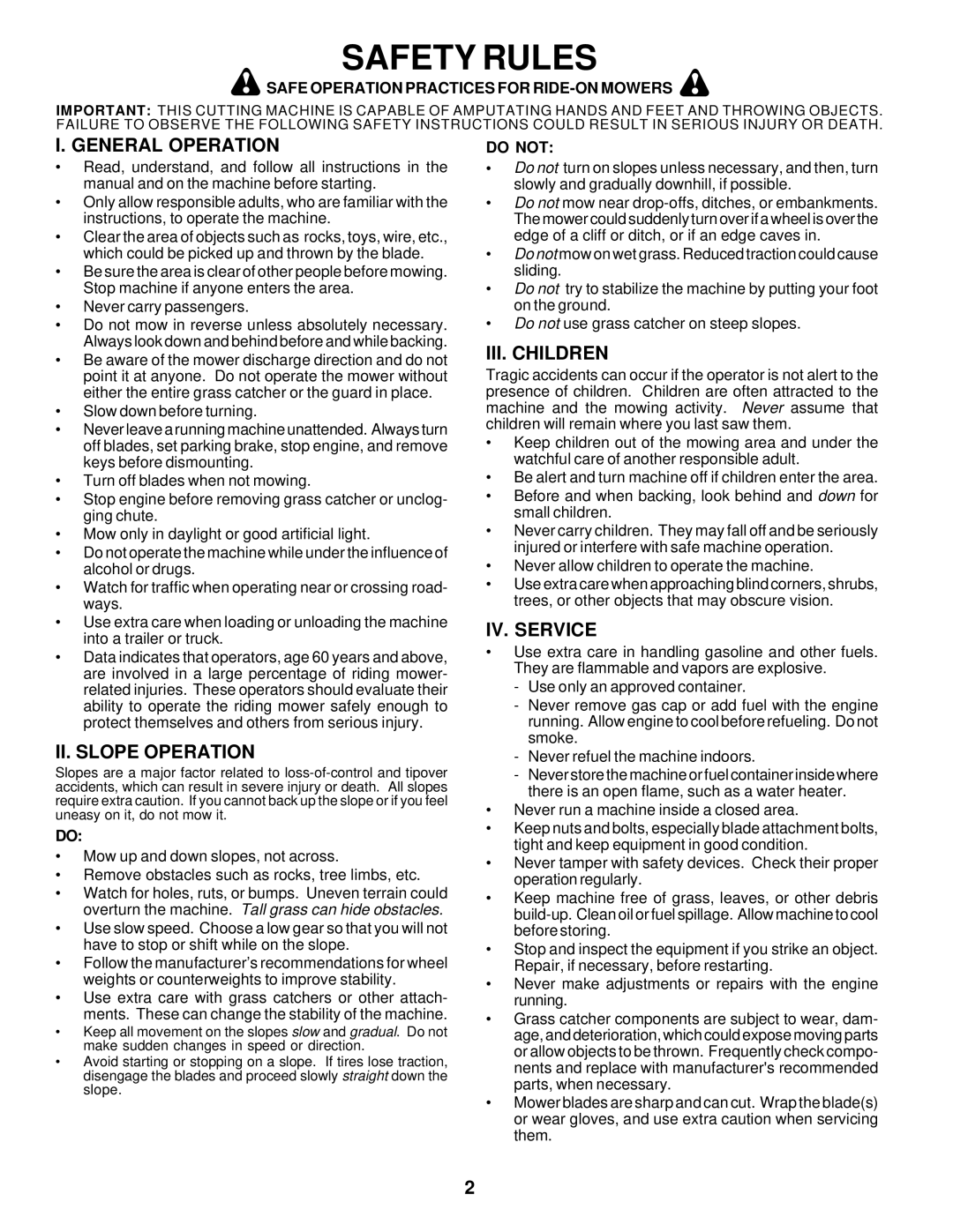 Weed Eater 177677 owner manual Safety Rules, General Operation, II. Slope Operation, III. Children, IV. Service 