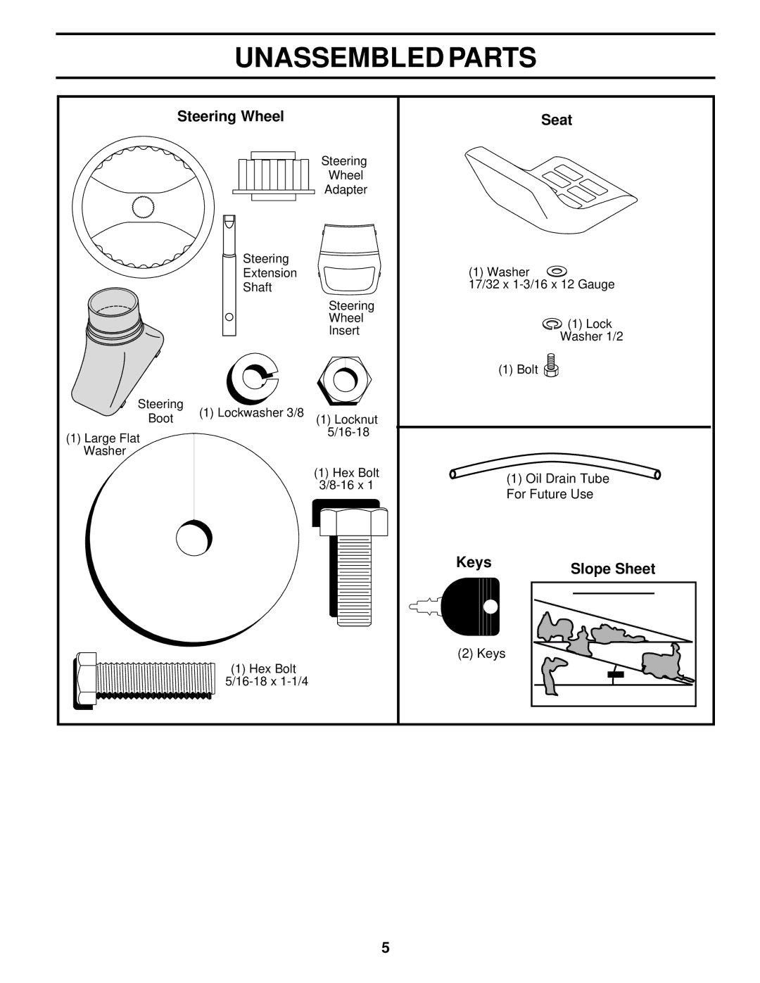 Weed Eater 177677 owner manual Unassembled Parts, Steering Wheel Seat, Keys 