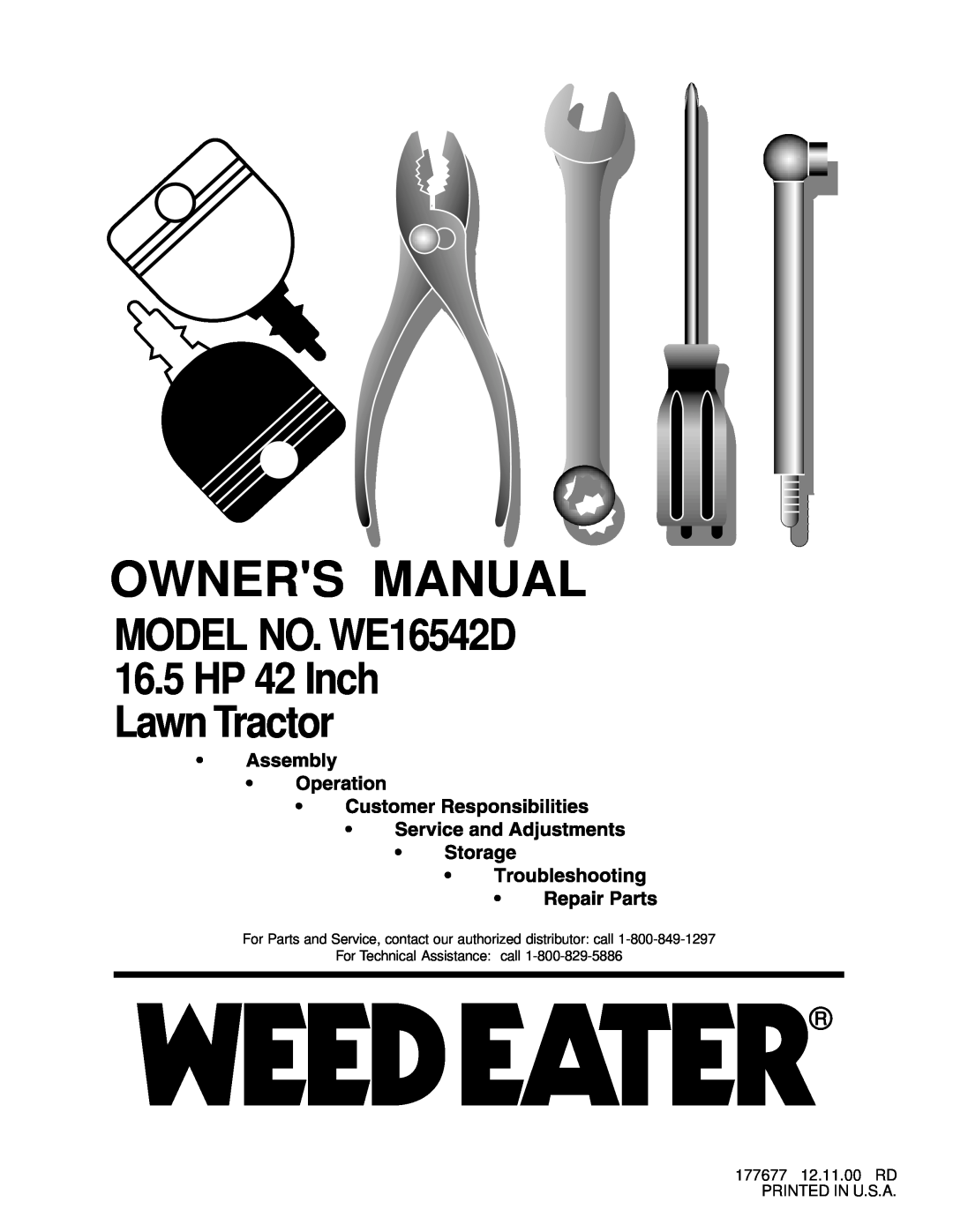 Weed Eater 177677 owner manual MODEL NO. WE16542D 16.5HP 42 Inch Lawn Tractor 