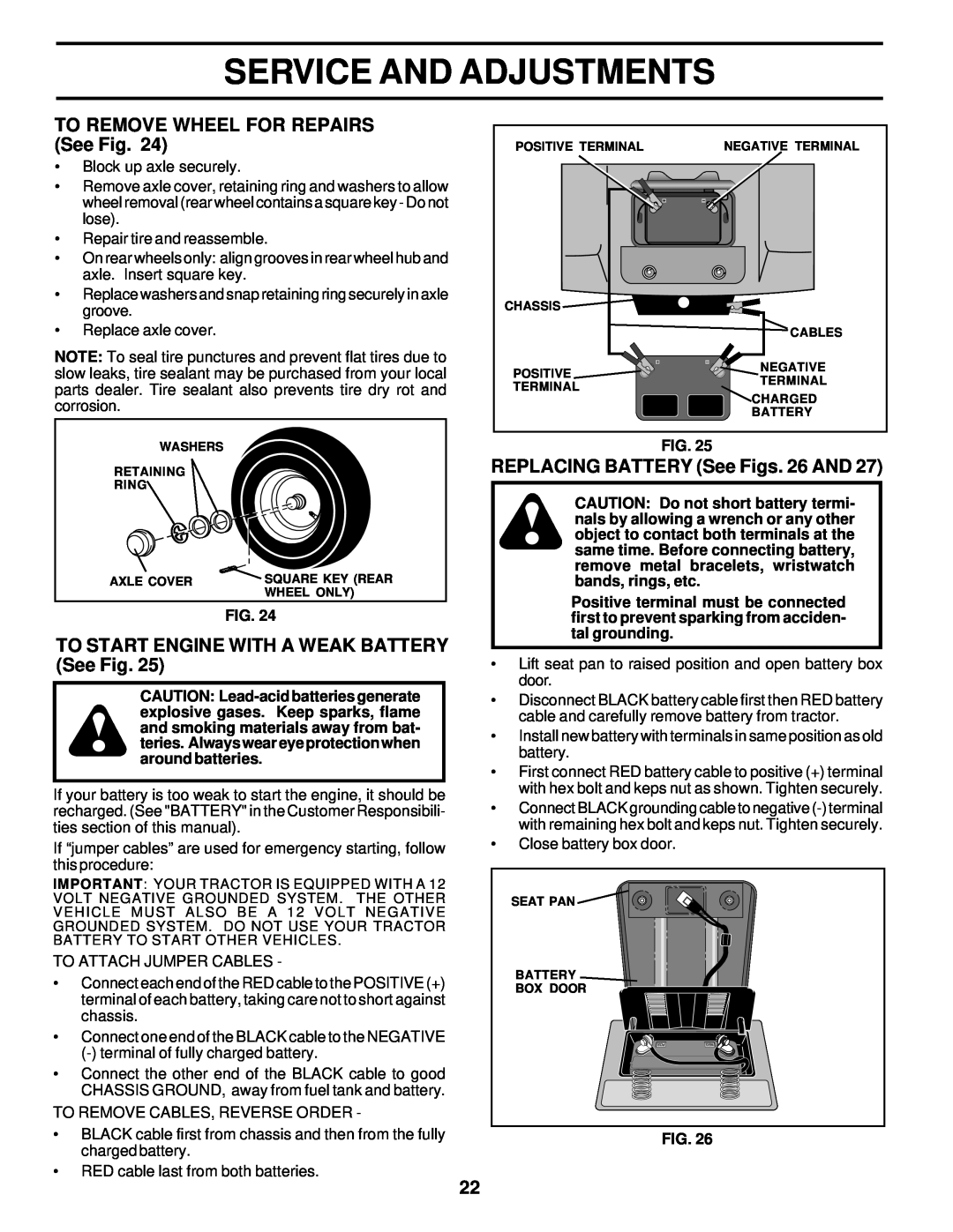 Weed Eater 177677 owner manual TO REMOVE WHEEL FOR REPAIRS See Fig, TO START ENGINE WITH A WEAK BATTERY See Fig 