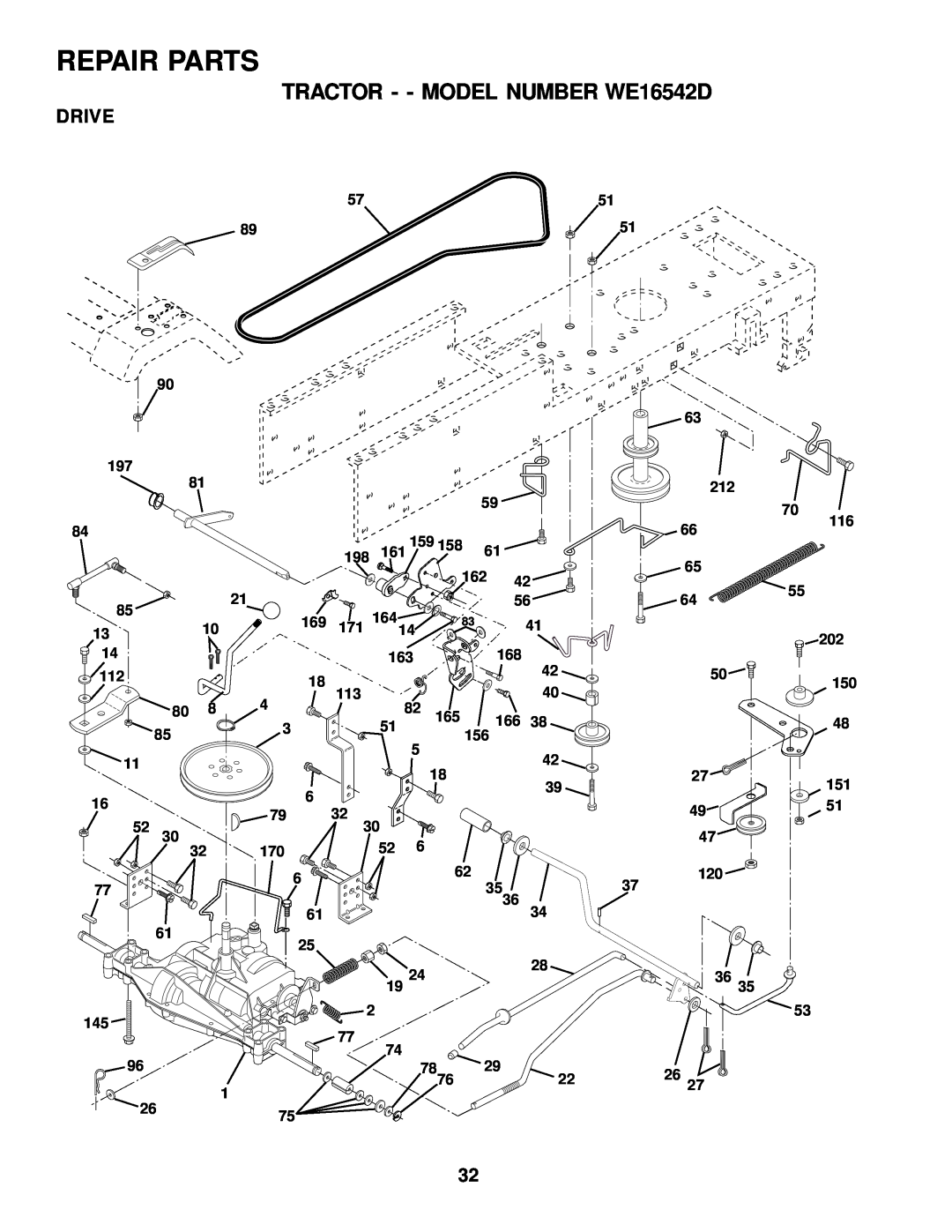 Weed Eater 177677 owner manual Drive, Repair Parts, TRACTOR - - MODEL NUMBER WE16542D 