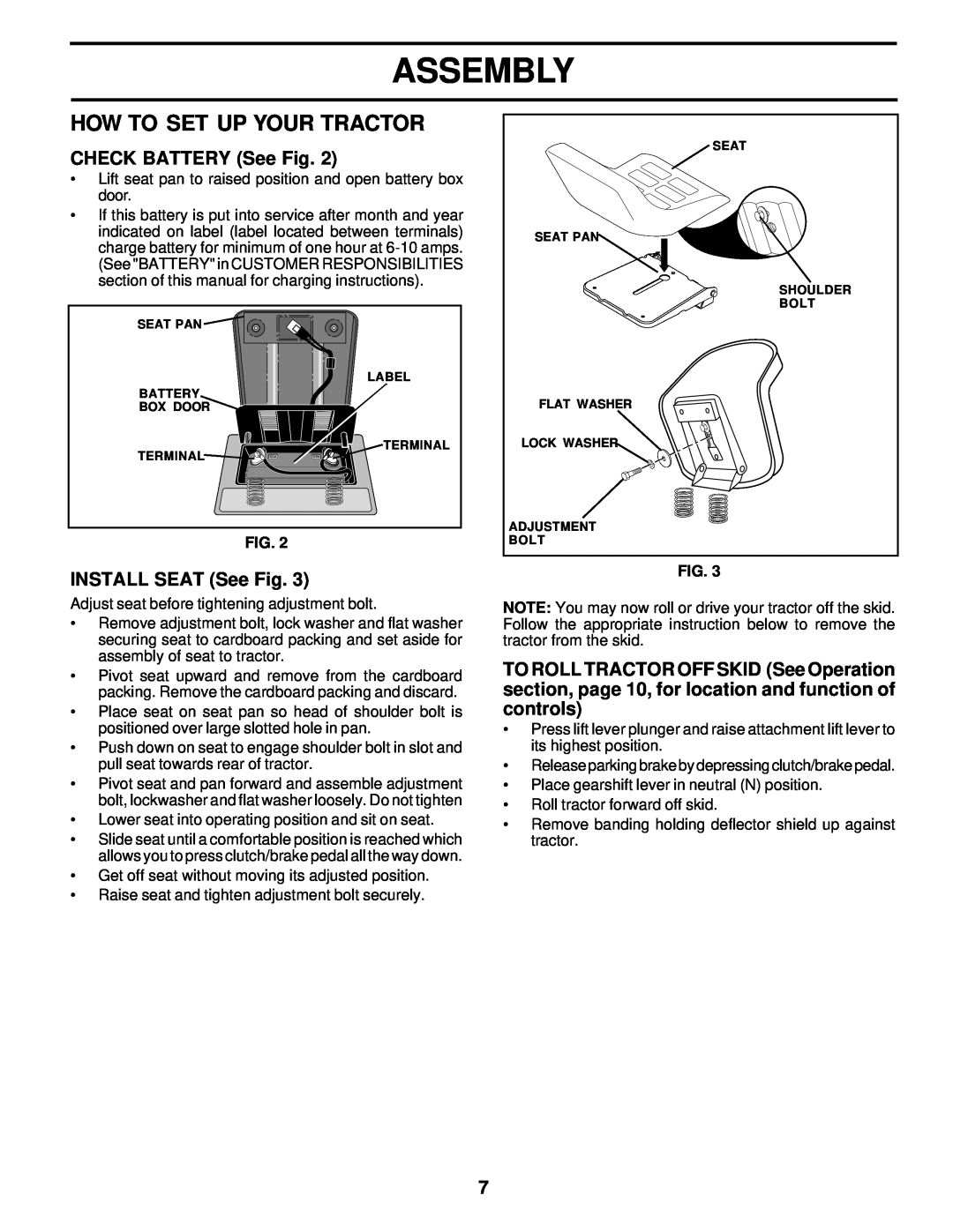 Weed Eater 177677 owner manual How To Set Up Your Tractor, CHECK BATTERY See Fig, INSTALL SEAT See Fig, Assembly 