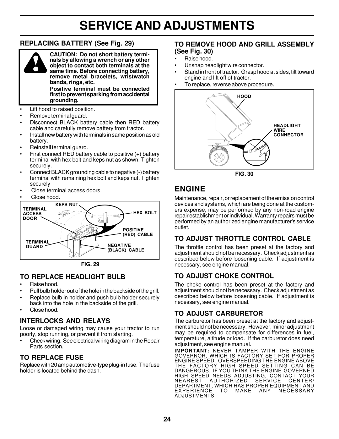 Weed Eater 178277 To Adjust Throttle Control Cable, To Replace Headlight Bulb, Interlocks and Relays, To Replace Fuse 