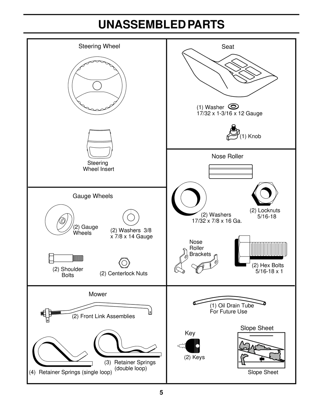 Weed Eater 178277 owner manual Unassembled Parts, Steering Wheel, Gauge Wheels, Slope Sheet, Key 