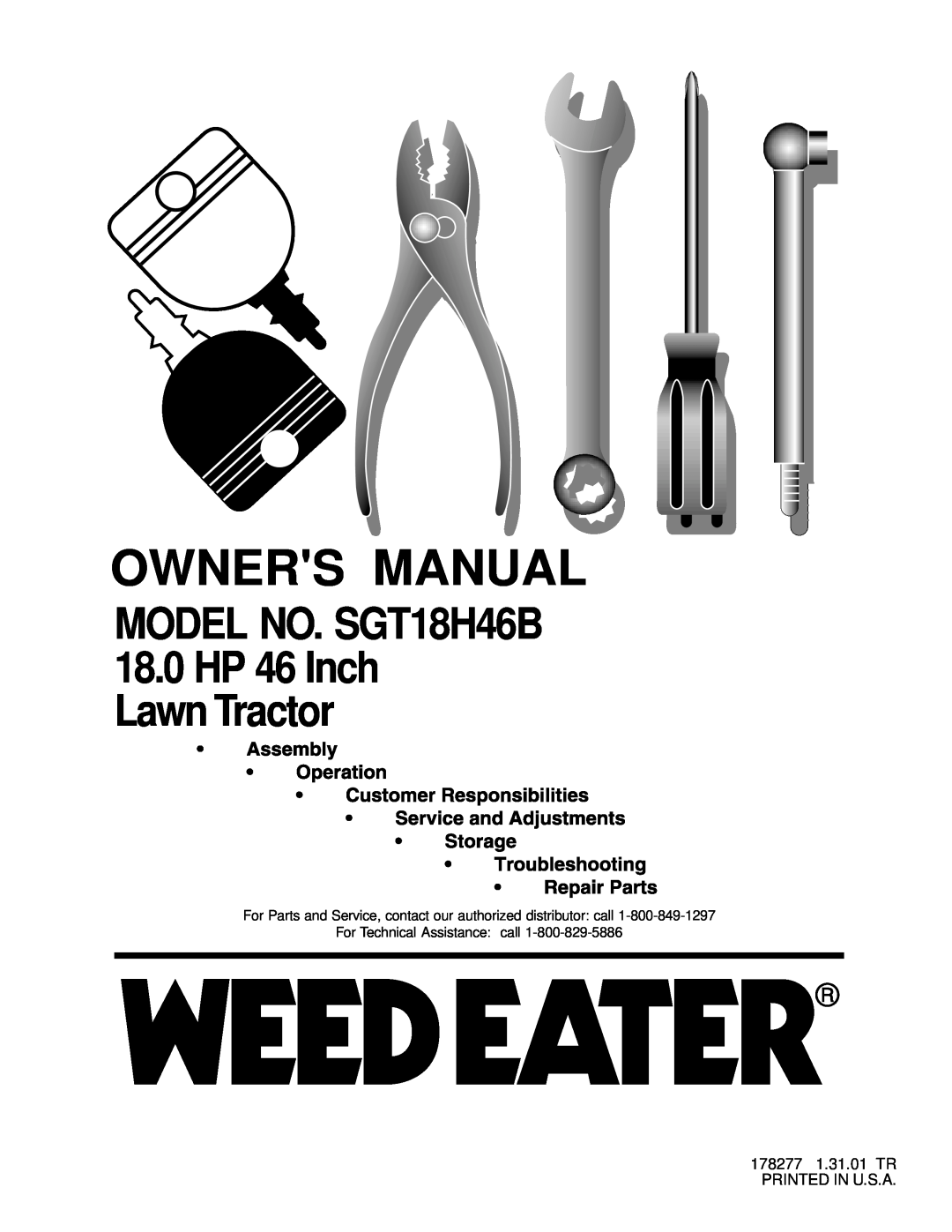 Weed Eater 178277 owner manual Owners Manual, MODEL NO. SGT18H46B 18.0 HP 46 Inch Lawn Tractor 