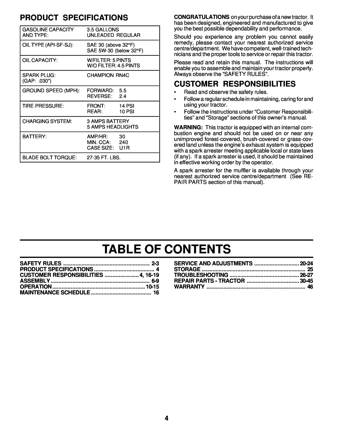 Weed Eater 178277 owner manual Table Of Contents, Product Specifications, Customer Responsibilities 