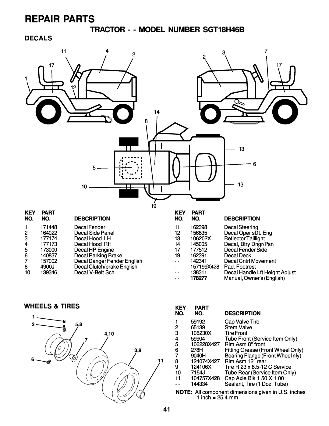 Weed Eater 178277 owner manual Decals, Wheels & Tires, Repair Parts, TRACTOR - - MODEL NUMBER SGT18H46B, 4,10 