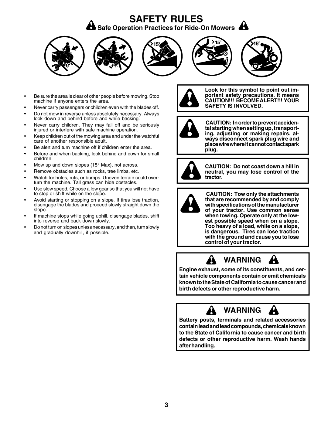 Weed Eater 178387 owner manual Safety Rules, Safe Operation Practices for Ride-On Mowers 