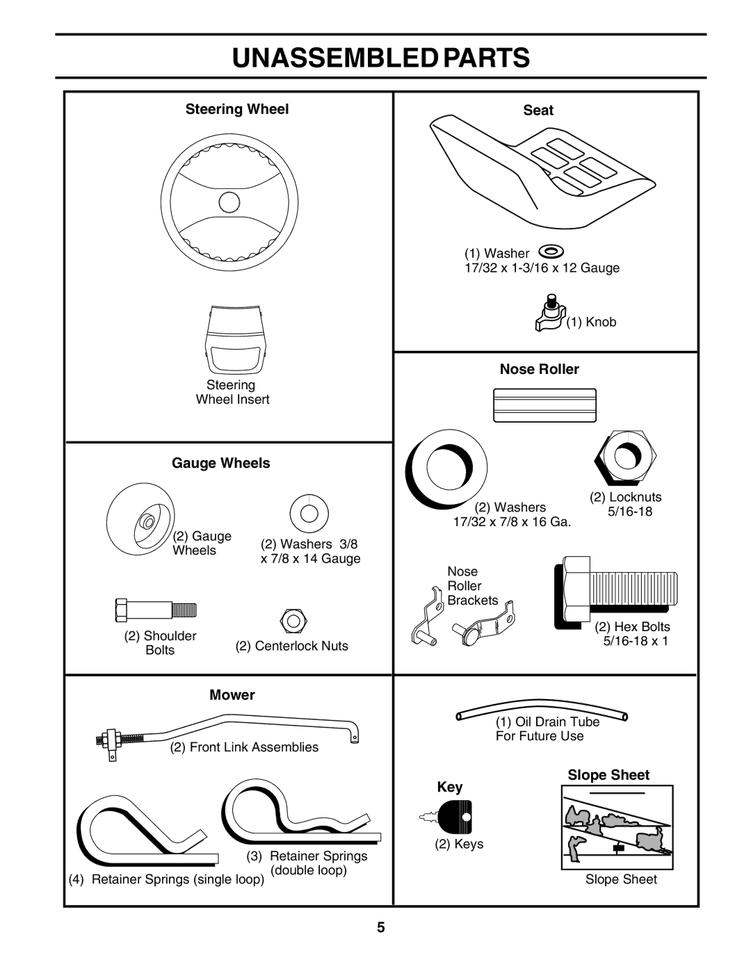 Weed Eater 178387 owner manual Unassembled Parts, Steering Wheel, Gauge Wheels, Slope Sheet, Key 