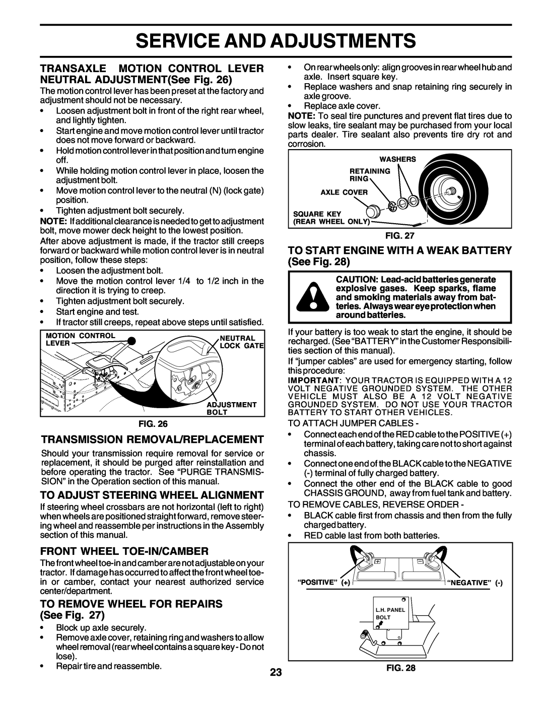 Weed Eater 178387 owner manual Service And Adjustments, TRANSAXLE MOTION CONTROL LEVER NEUTRAL ADJUSTMENTSee Fig 
