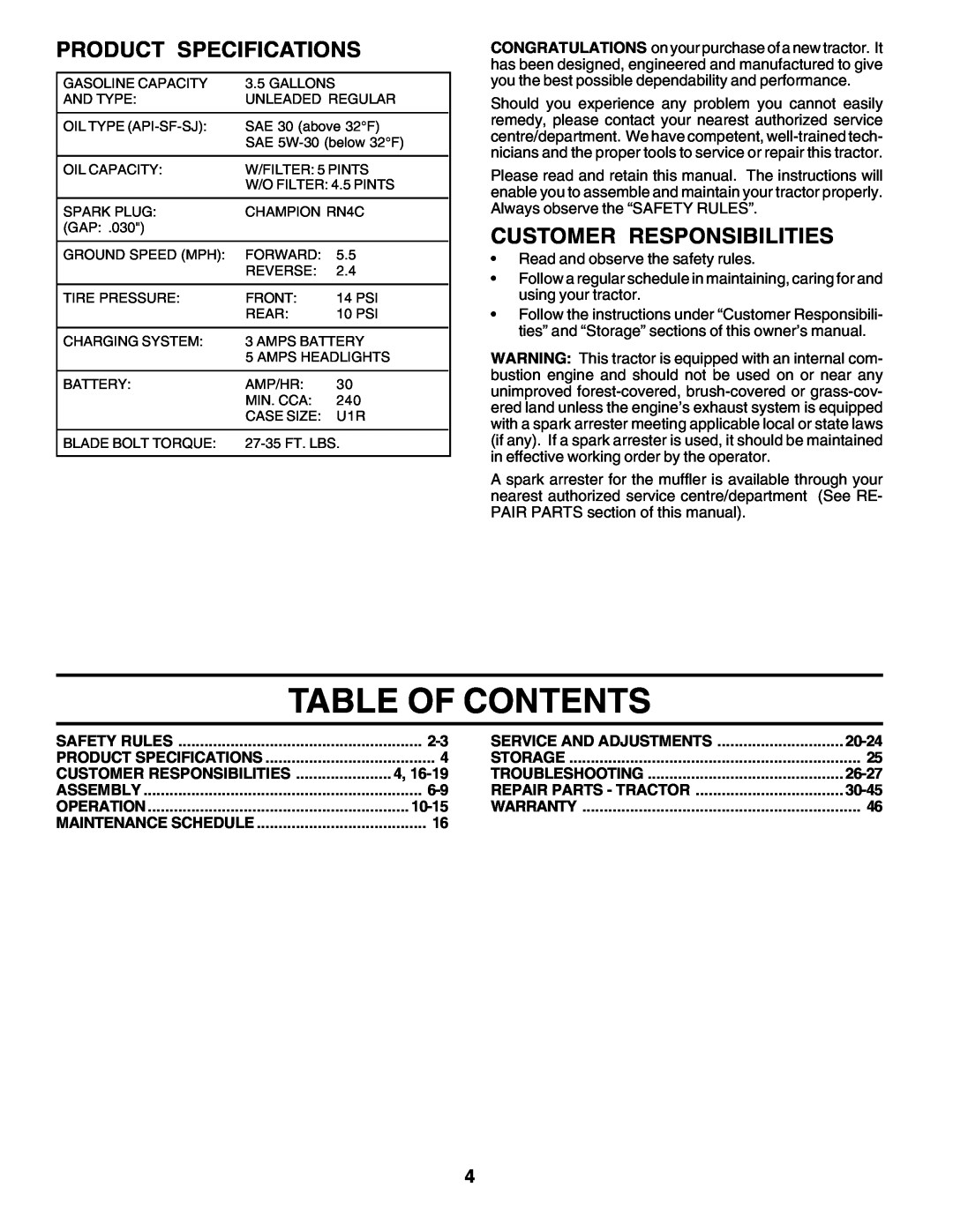 Weed Eater 178387 owner manual Table Of Contents, Product Specifications, Customer Responsibilities 