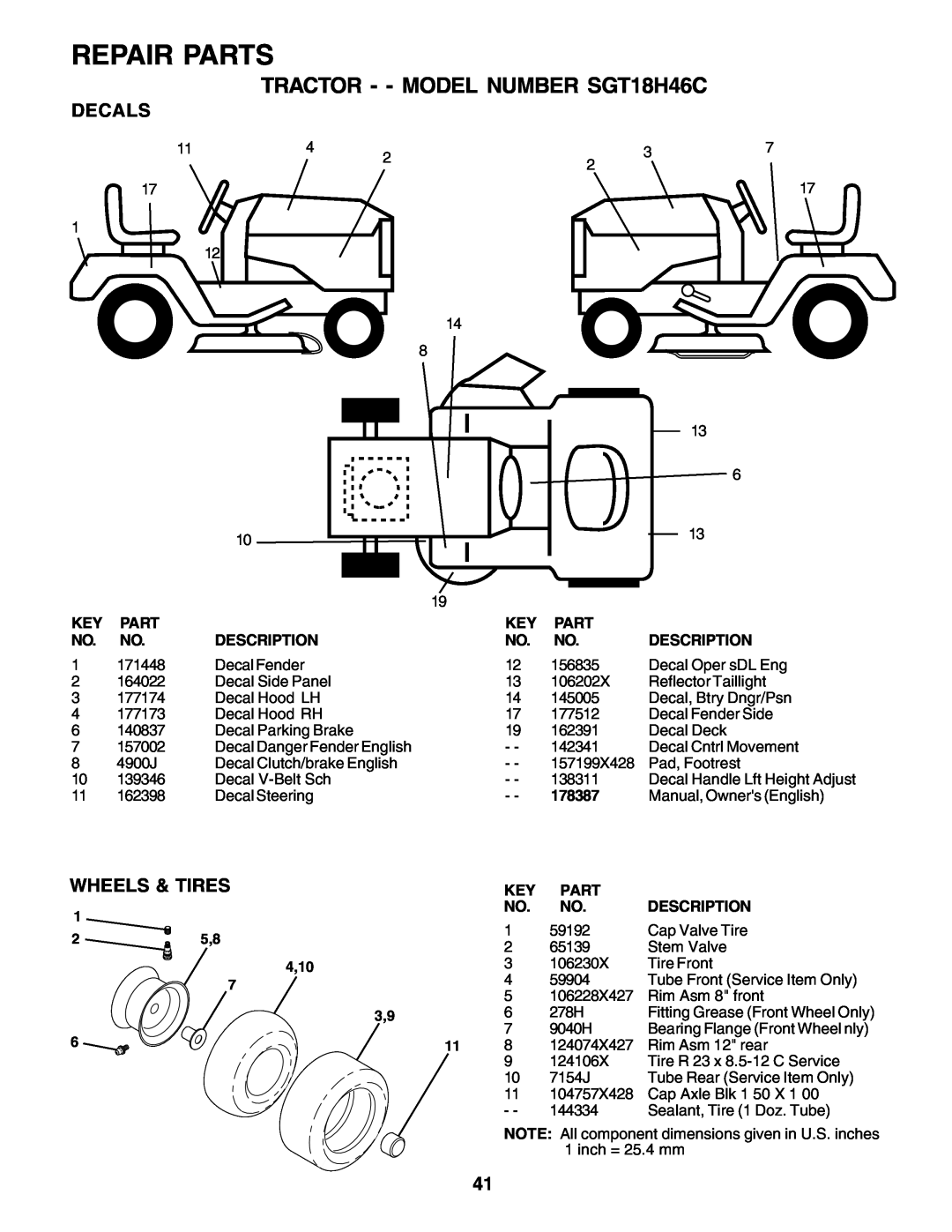 Weed Eater 178387 owner manual Repair Parts, TRACTOR - - MODEL NUMBER SGT18H46C, Decals, Wheels & Tires, 4,10 