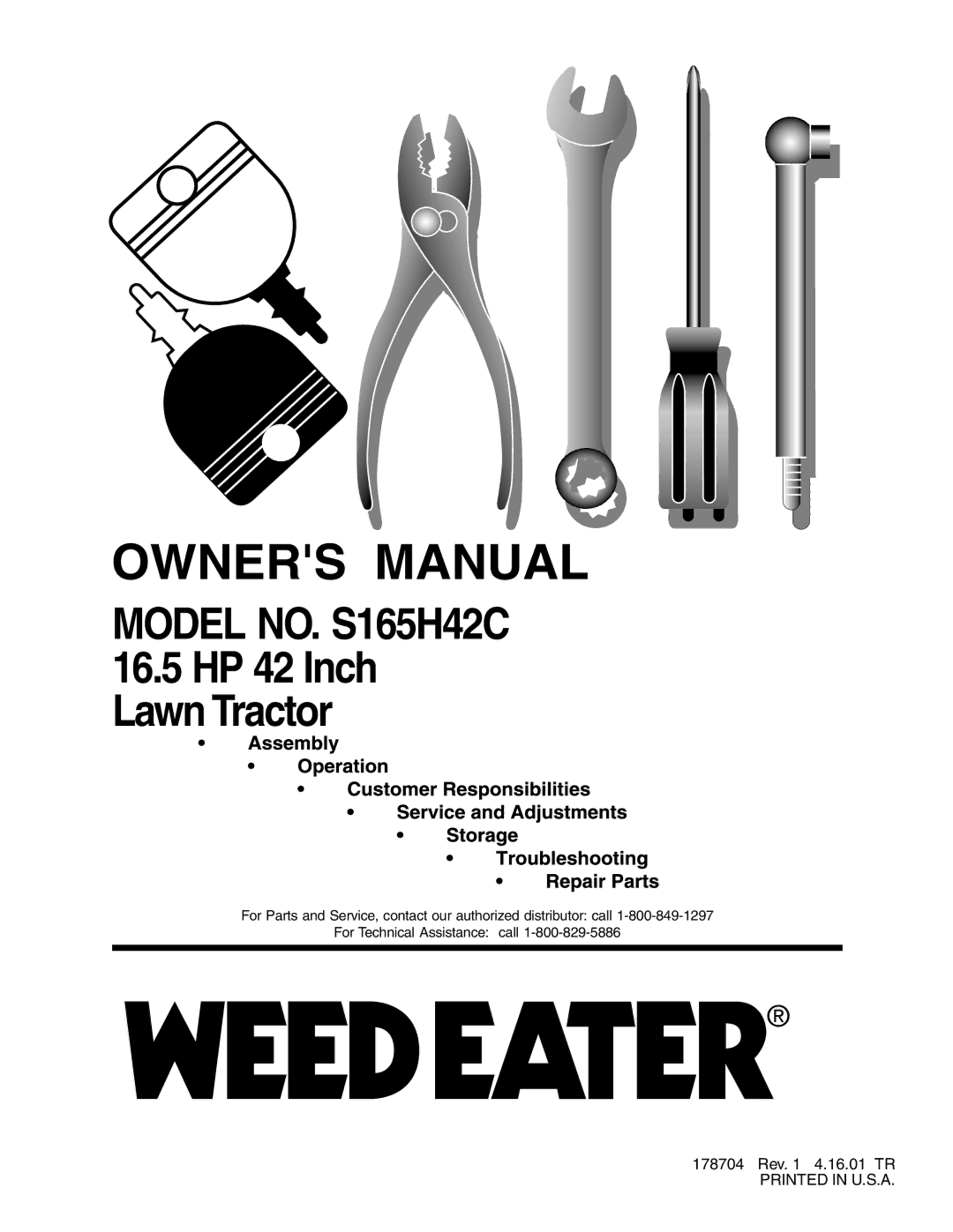 Weed Eater 178704 manual Model NO. S165H42C 